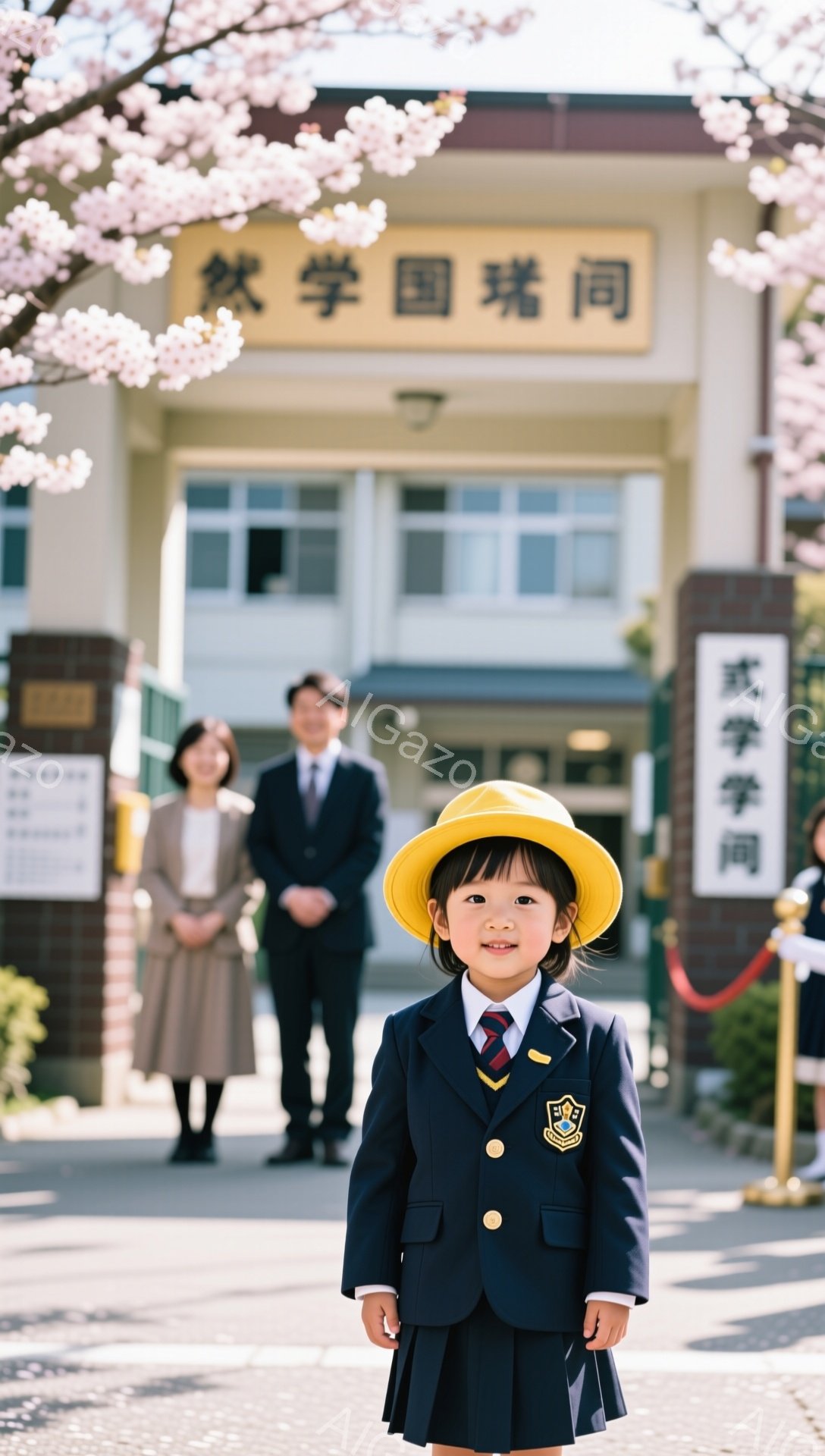 小さな女の子が小学校の入り口で立っています。紺色のブレザーに黄色い帽子をかぶり、少し緊張した表情で正面を見ています。背景には、入学式と思われる保護者たちがぼんやりと見え、桜の花びらが舞い散る春の暖かな雰囲気です。
