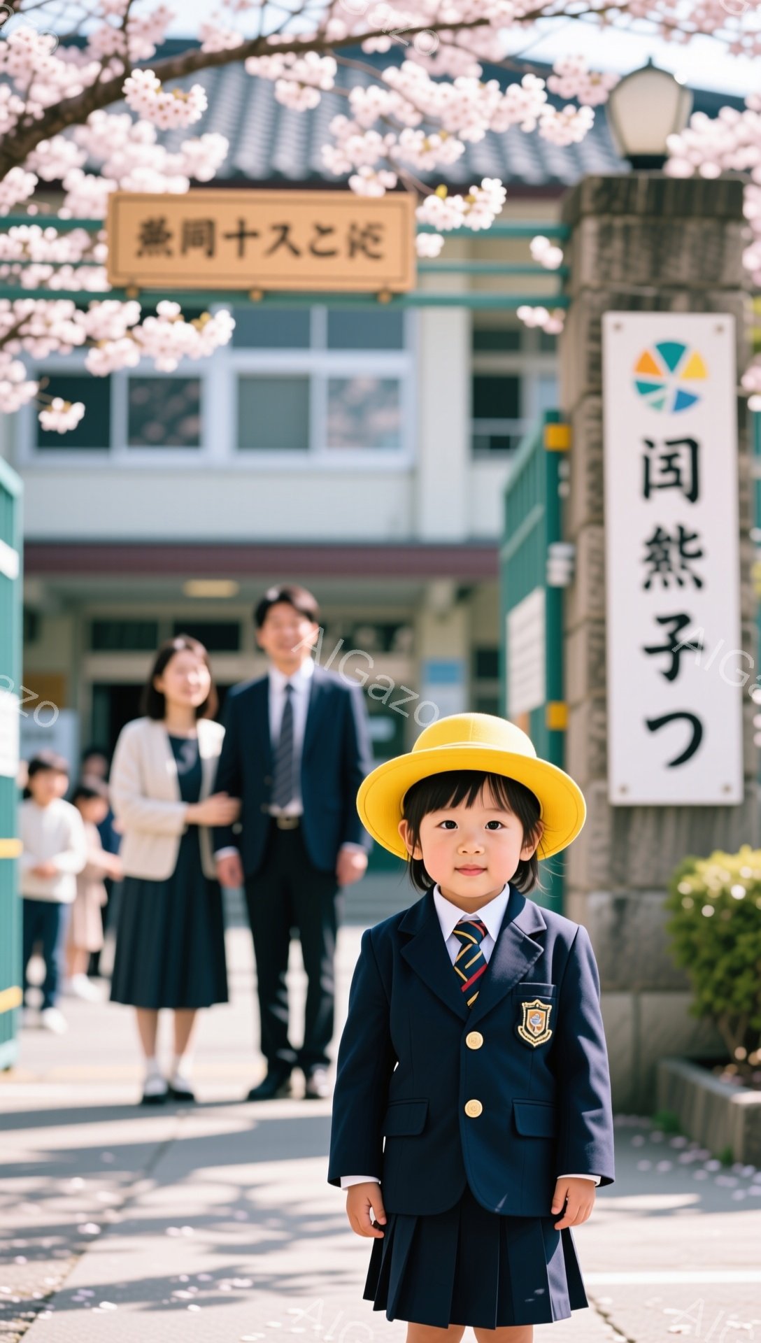 女の子は黄色の帽子と紺色の制服を着て、カメラの方を見て微笑んでいます。背景には桜の木と学校の建物があり、入学式のような雰囲気です。鮮やかな春の光が暖かく、子供たちの新しいスタートを祝福しているかのようです。