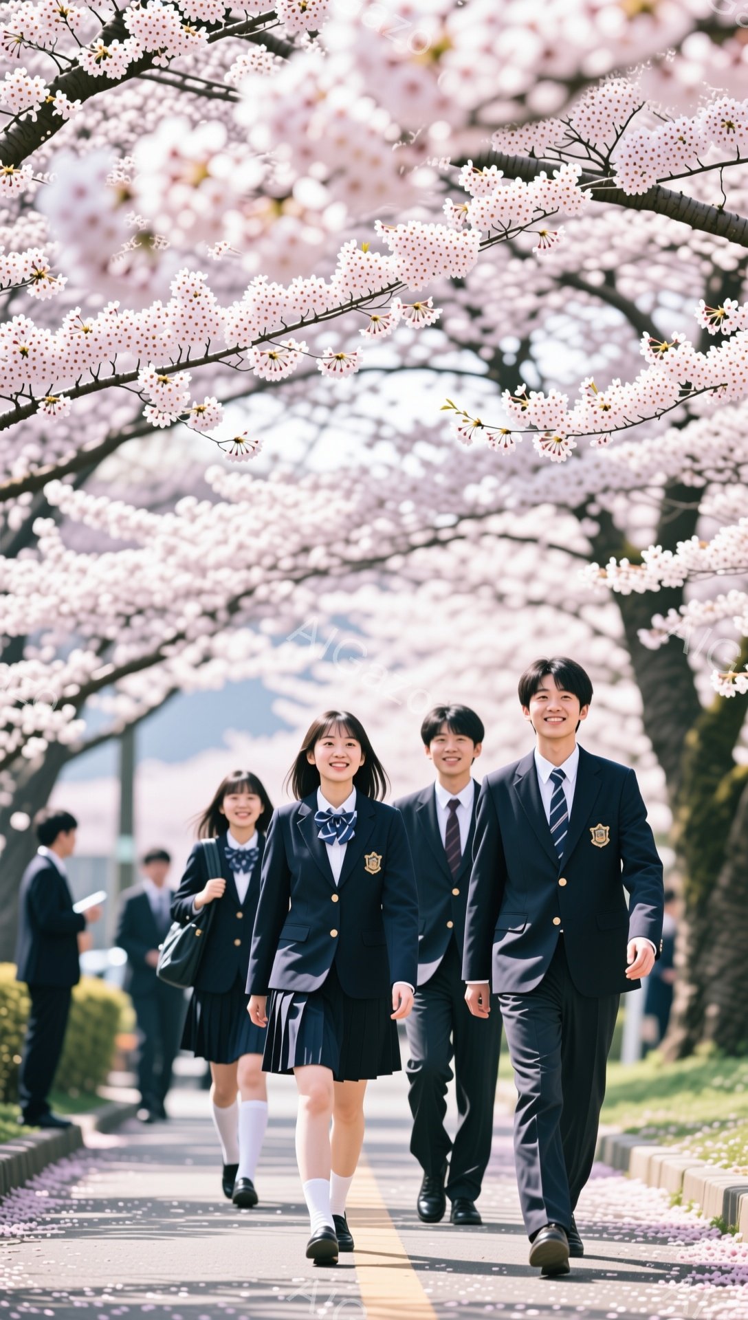 制服を着た高校生たちが桜並木を歩いている。先頭の女子高生は笑顔で、後続の男子生徒も明るい表情をしている。ピンク色の桜の花びらが舞い散り、春の暖かく希望に満ちた雰囲気を醸し出している。