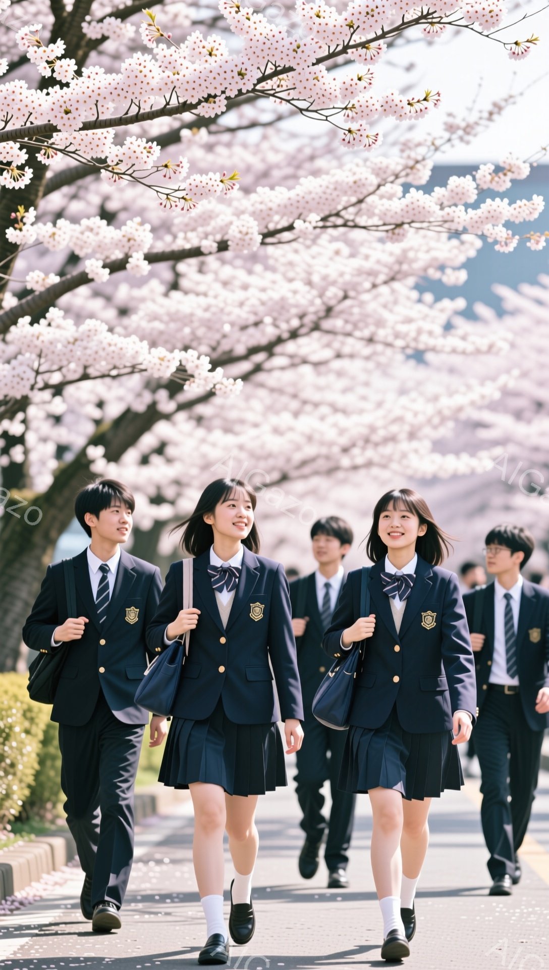 制服を着た学生たちが桜並木を歩いている。先頭の女子学生は笑顔で、周りの学生たちも楽しそうな雰囲気だ。背景には満開の桜が咲き誇り、春の暖かさを感じさせる。 - AI生成フリー素材