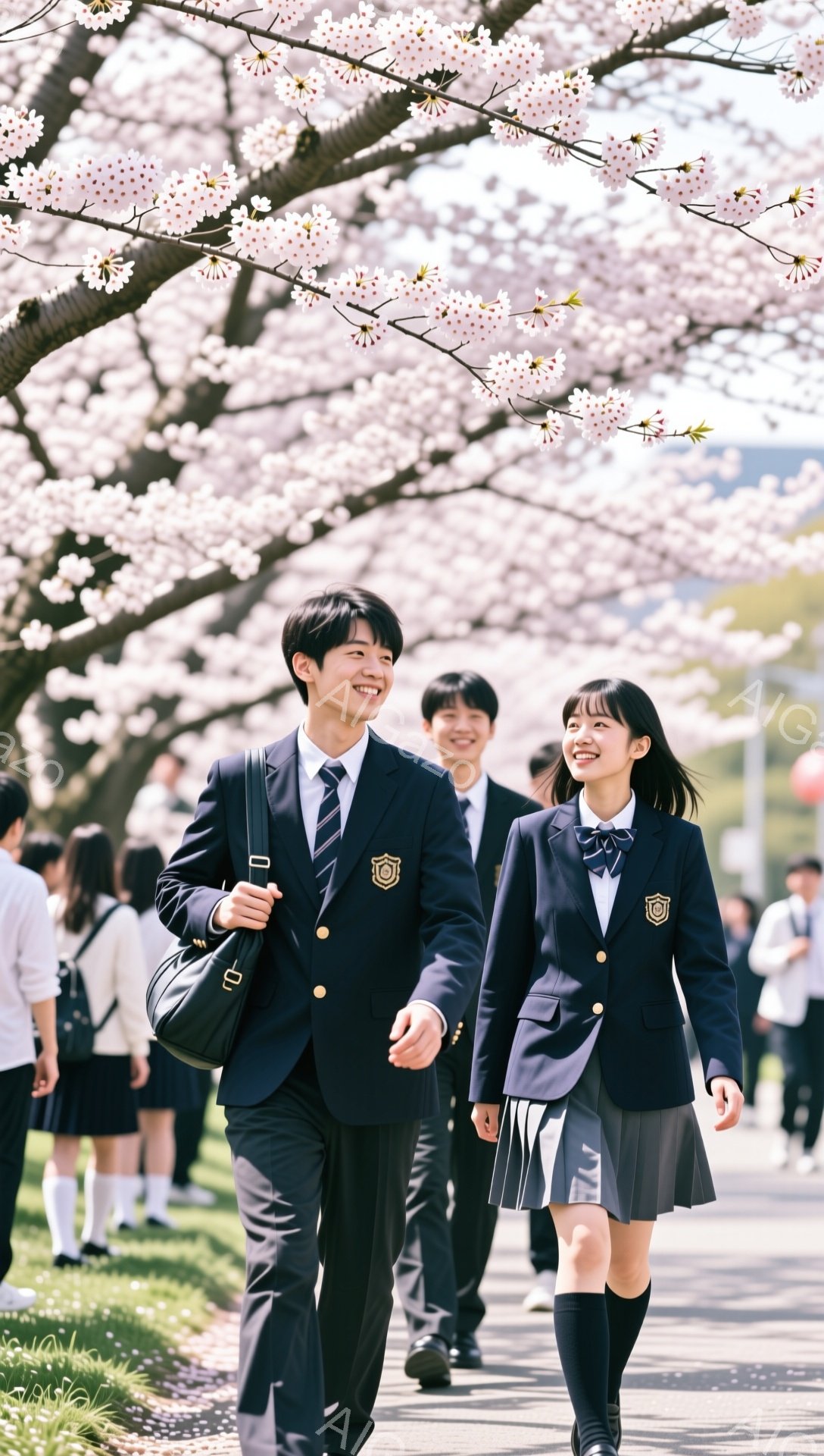 制服を着た男子高校生と女子高校生が桜並木の中を並んで歩いている。二人は笑顔で楽しそうにしている。背景には他の学生や桜の花びらが舞う様子が見え、春の暖かく明るい雰囲気が伝わってくる。 - AI生成フリー素材