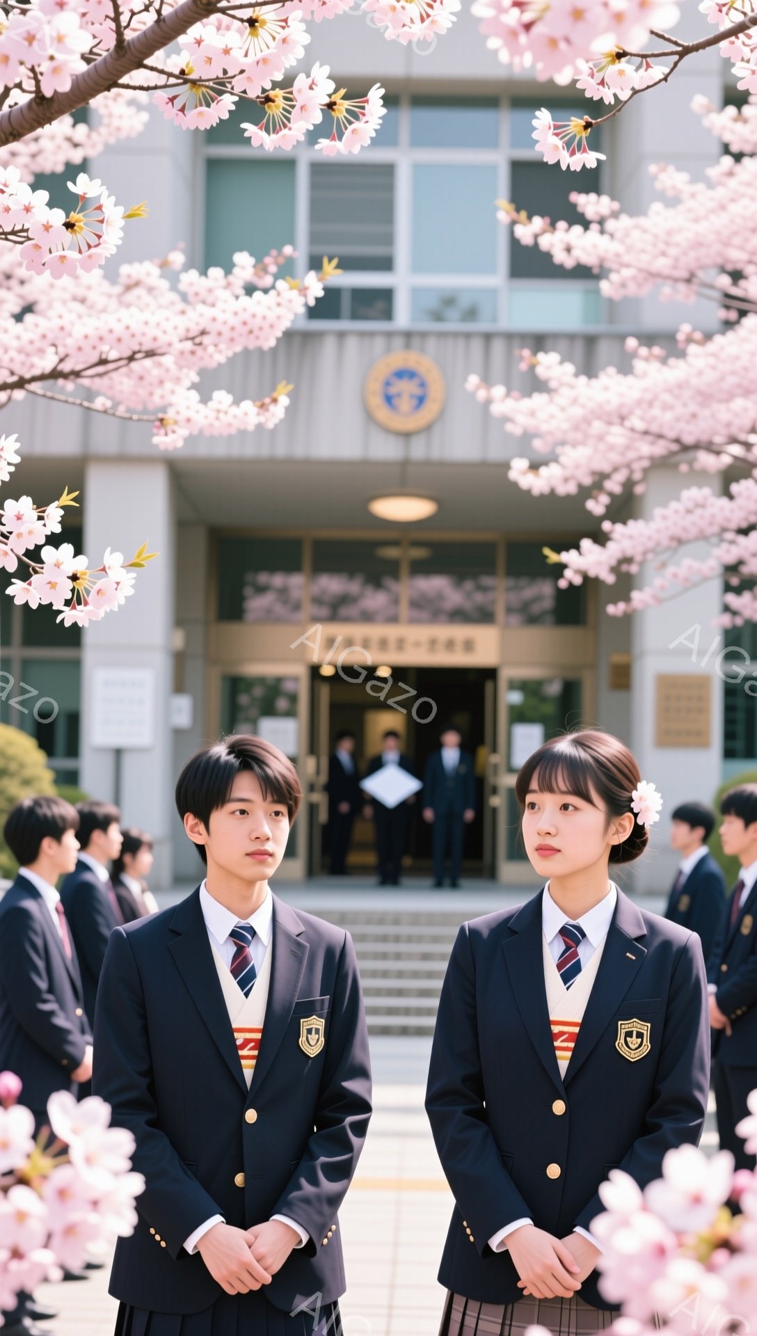 制服を着た男子生徒と女子生徒が、桜並木の前に立っている。二人は少し緊張した表情で、正面を見つめている。背景には学校の建物が見え、卒業式のような雰囲気を感じさせる。 - AI生成フリー素材