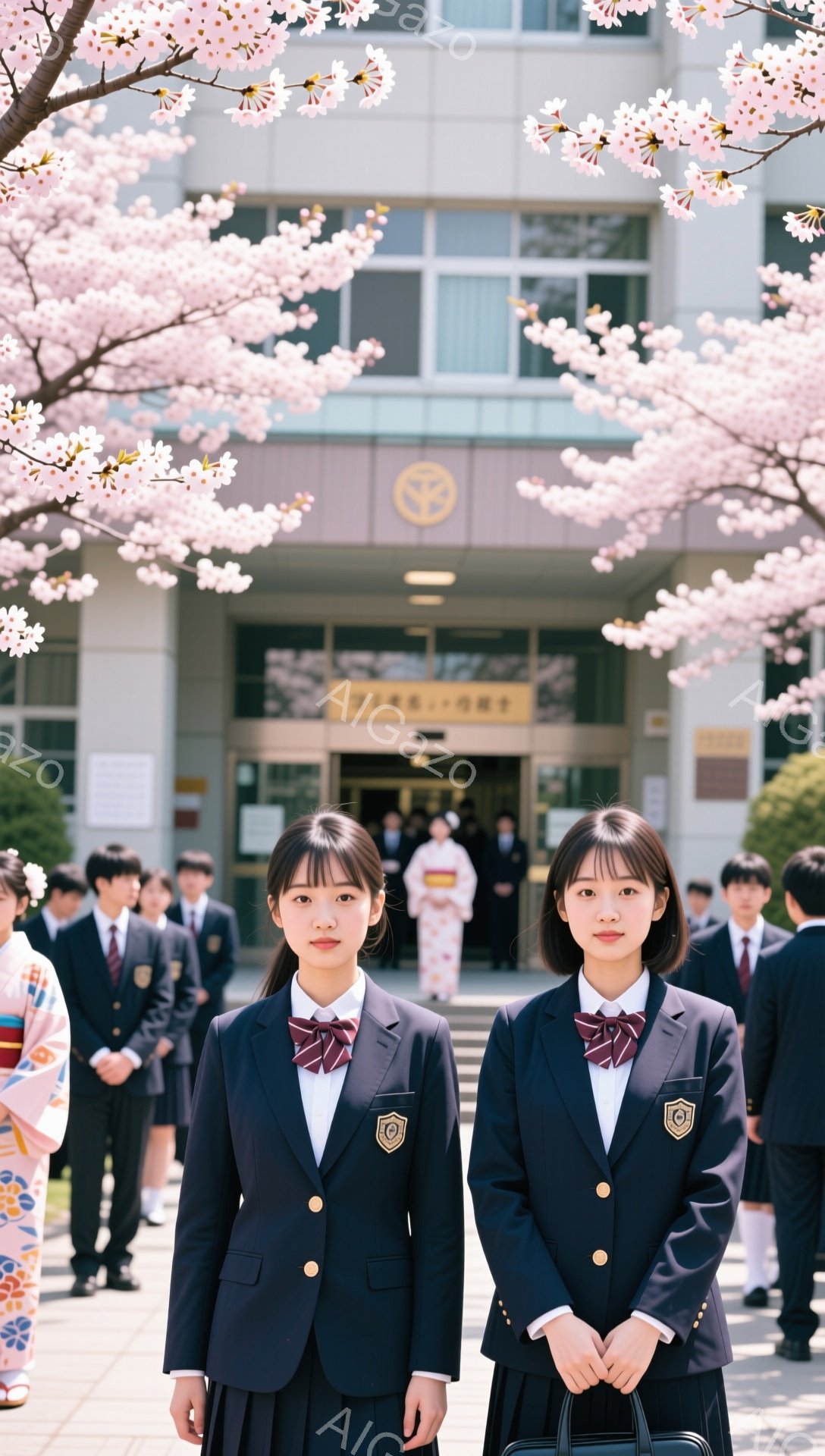 制服姿の女子高生二人が、桜並木の前に立っている。紺色のブレザーに赤いネクタイ、チェックのスカートが印象的で、凛とした表情をしている。背景には学校の建物が見え、入学式のような華やかな雰囲気が漂っている。