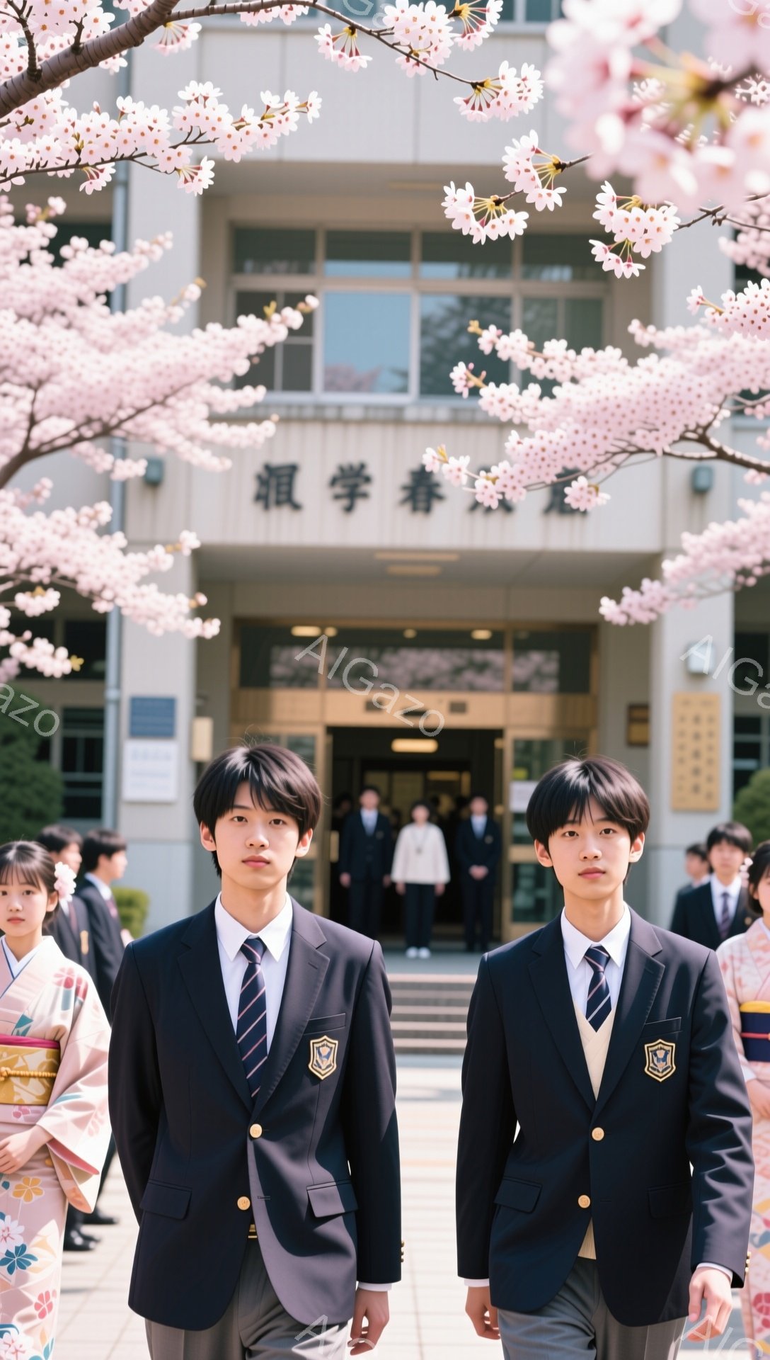 制服を着た男子生徒二人が、桜並木の入学式で正面を向いて立っている。彼らは真剣な表情で、紺色のブレザーにネクタイ、スラックスを着用し、髪型は短髪である。背景には学校の建物と、色とりどりの和装を着た生徒たちがぼんやりと見える。
