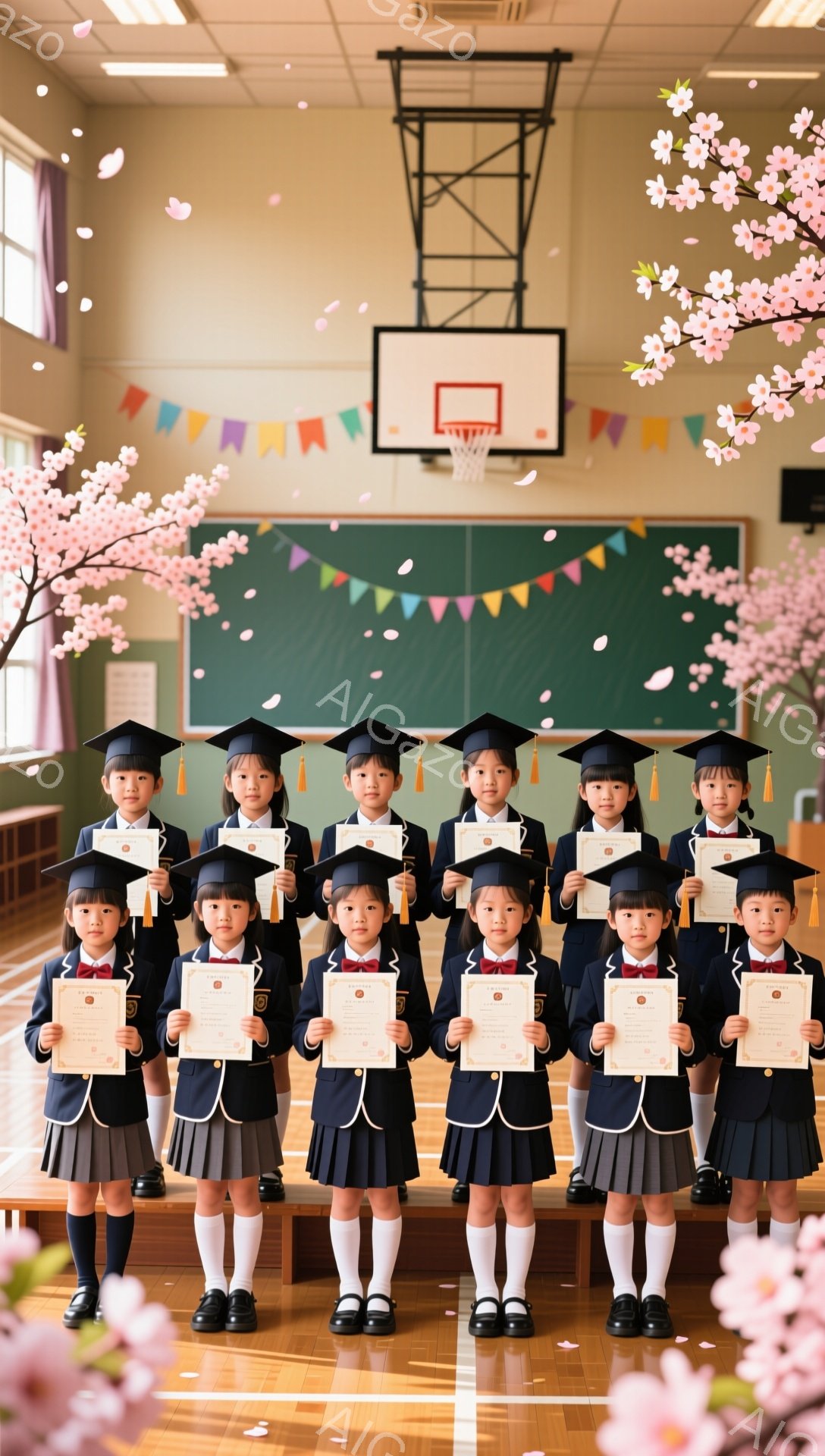 卒業式と思われる小学校の体育館で、黒い学士帽と制服を着た子どもたちが一列に並んで立っています。桜の花びらが舞い散る中、子どもたちは笑顔で卒業証書を手にし、晴れやかな雰囲気に包まれています。背景には色とりどりの旗が飾られ、卒業を祝う喜びが伝わってきます。
