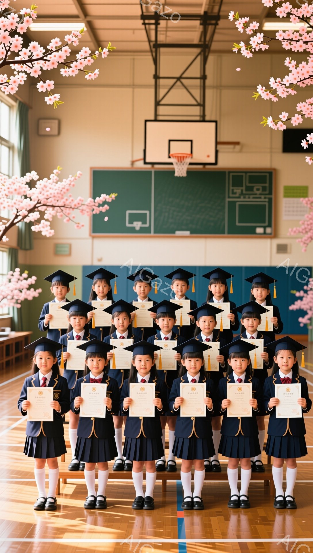 卒業式と思われる小学校の児童たちが、体育館で一列に並んでいます。紺色のブレザー、白のブラウスまたはシャツ、プリーツスカートという制服に、黒い卒業帽子をかぶり、修了証書を手にしています。背景には桜が咲き乱れ、明るく華やかな雰囲気を醸し出しています。