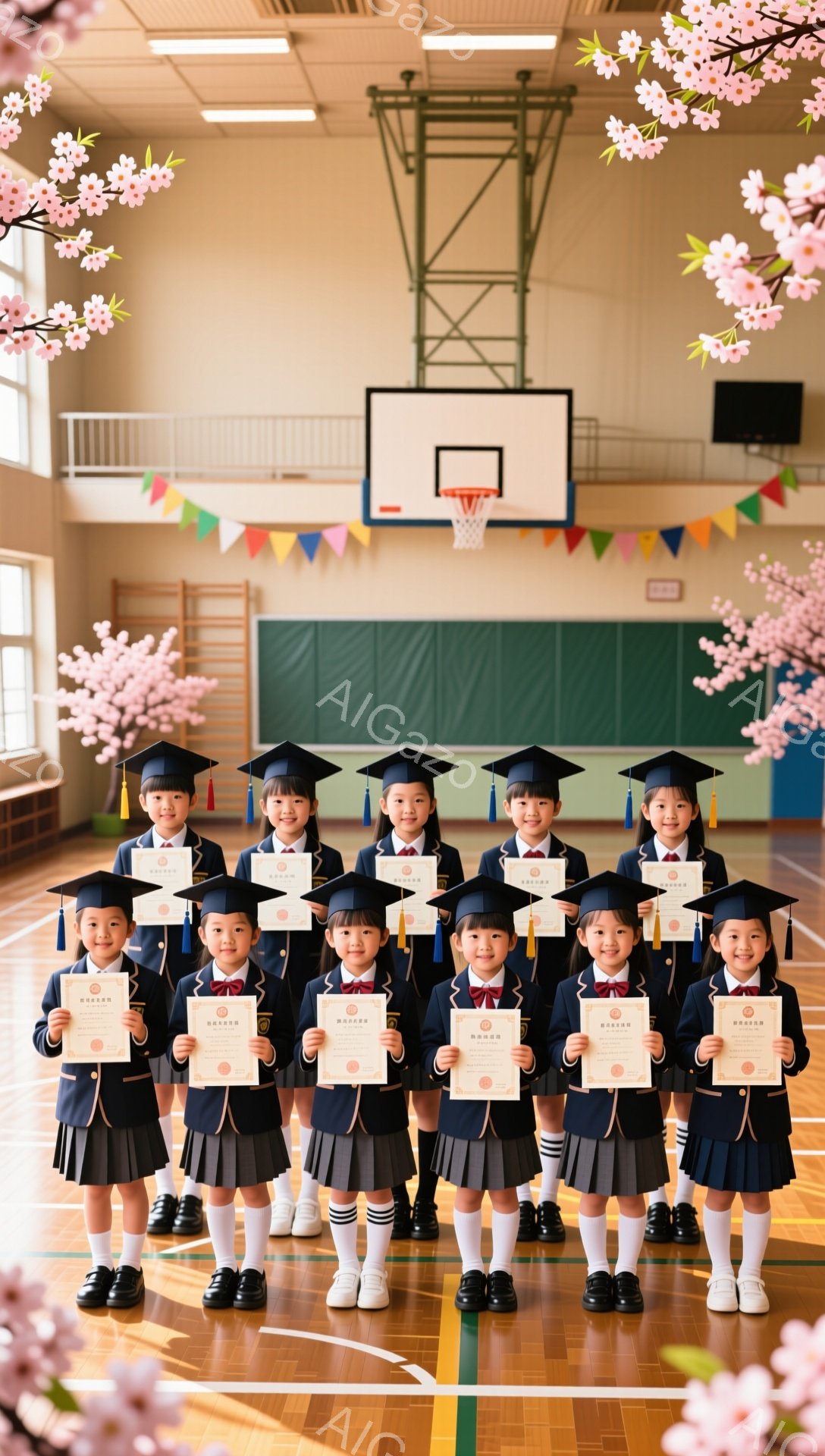 幼稚園または小学校の卒業式と思われます。子どもたちは皆、黒い学士帽と制服を着て、卒業証書を手に笑顔で並んでいます。背景にはバスケットボールのゴールが見え、体育館の床には模様があり、お祝いの飾り付けがされています。