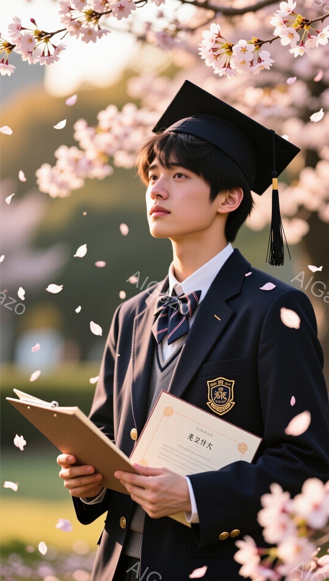 卒業式と思われる若い男性が、桜の花びらが舞う中、卒業証書を手に佇んでいます。紺色の制服にネクタイ、黒い髪をきれいに整え、少し横を向いて遠くを見つめています。春らしい穏やかで希望に満ちた雰囲気が感じられます。