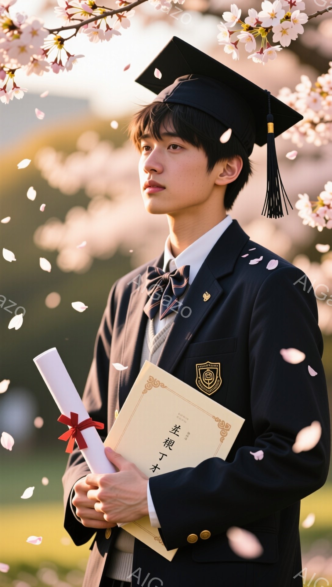 卒業式で、若い男性が黒い学士帽と制服を着て立っている。背景には桜の花びらが舞い、卒業の喜びと春の暖かさを感じさせる。彼の表情はどこか決意に満ち、未来への希望を表している。