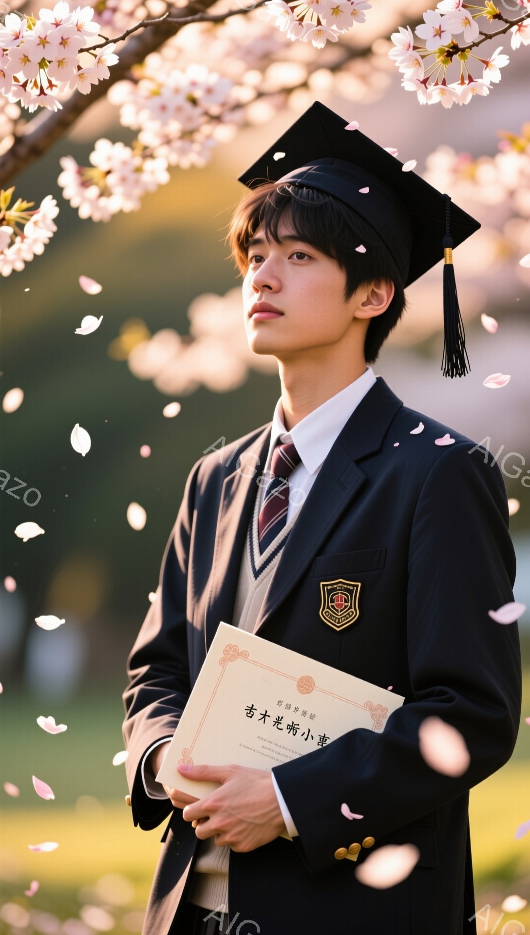 卒業式で、制服を着た若い男性が卒業証書を手に立っている。桜の花びらが舞い散る中、穏やかな表情でカメラを見つめている。背景には桜の木がぼやけており、春の暖かな雰囲気が漂っている。