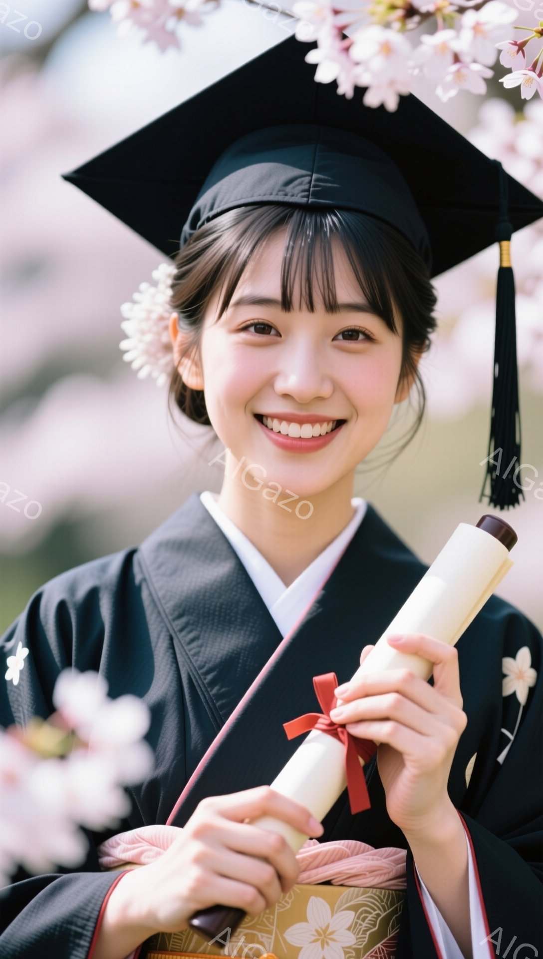 卒業式で晴れ着姿の女性が、卒業証書を手に微笑んでいます。背景には桜の花が咲き乱れ、春の暖かさと希望に満ちた雰囲気が漂っています。明るい表情と美しい着物姿が、祝福の瞬間を華やかに彩っています。 - AI生成フリー素材