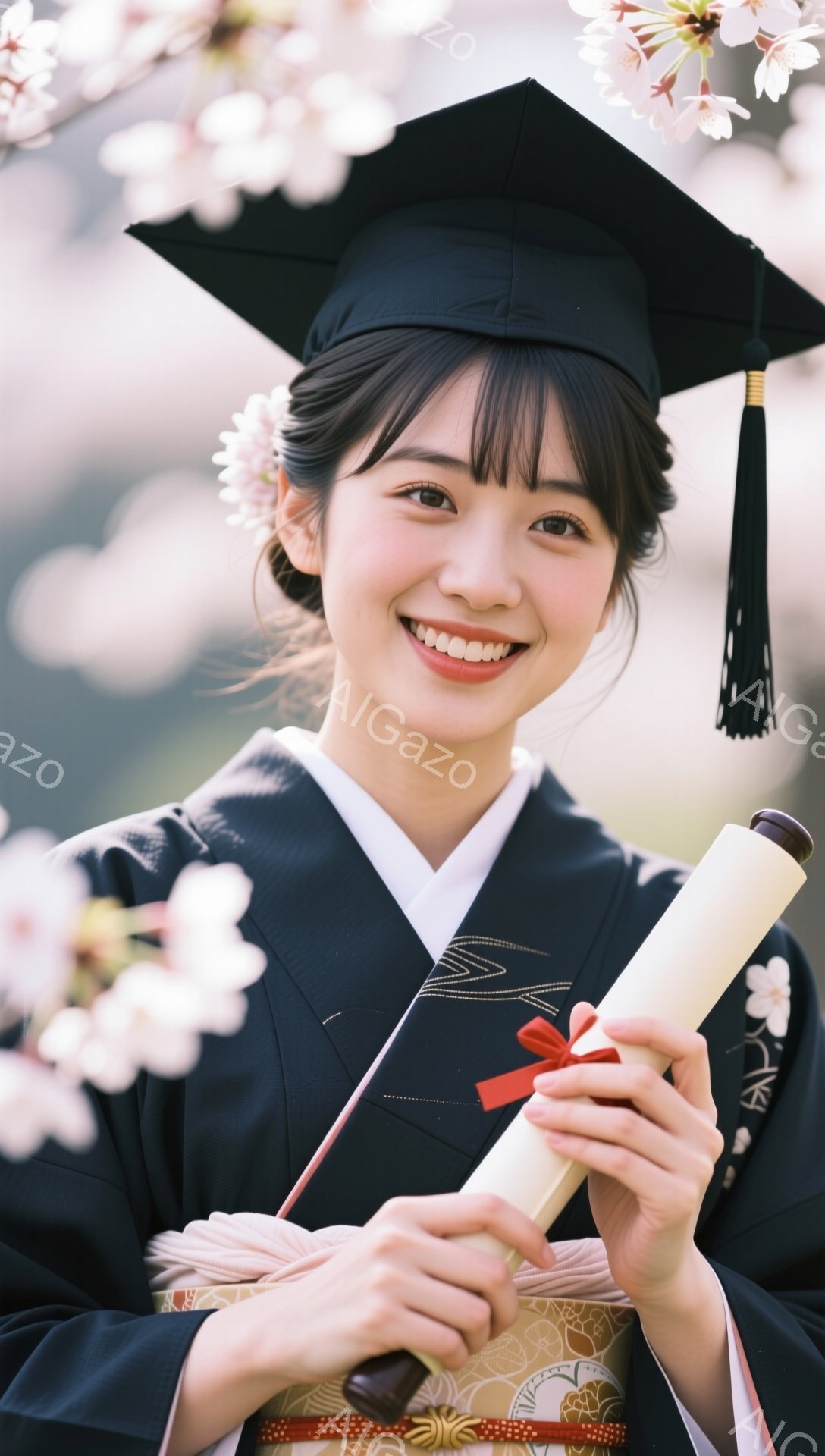 卒業式で晴れ着を着た女性が、笑顔で卒業証書を手にしている。桜の花びらが舞い散る背景と、彼女の明るい表情が春の喜びを表現している。黒い学士帽が、伝統的な着物とのユニークな組み合わせになっている。 - AI生成フリー素材