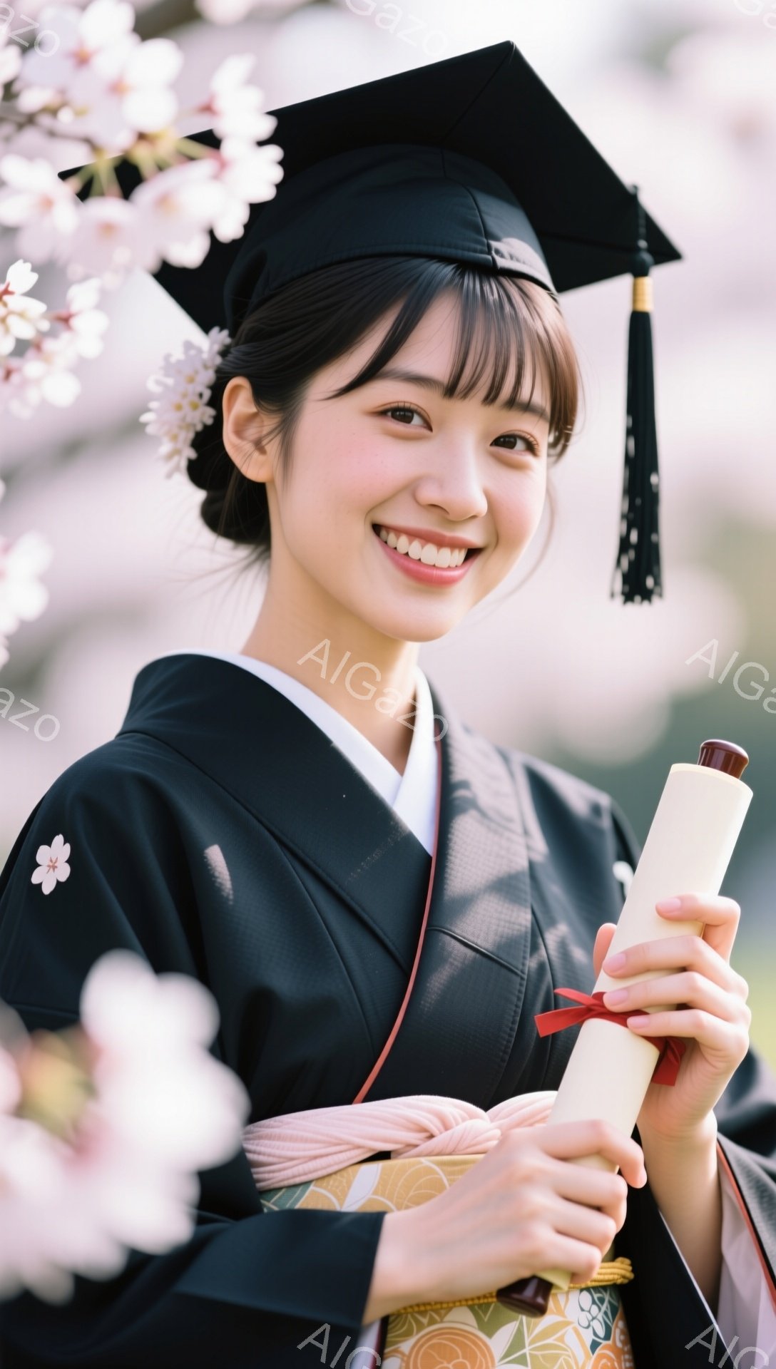 卒業式で袴を着用した若い女性が笑顔でカメラを見つめています。彼女は卒業証書を手に持ち、桜の花が咲き誇る背景が春の暖かさを演出しています。明るい雰囲気で、未来への希望に満ちた姿が印象的です。