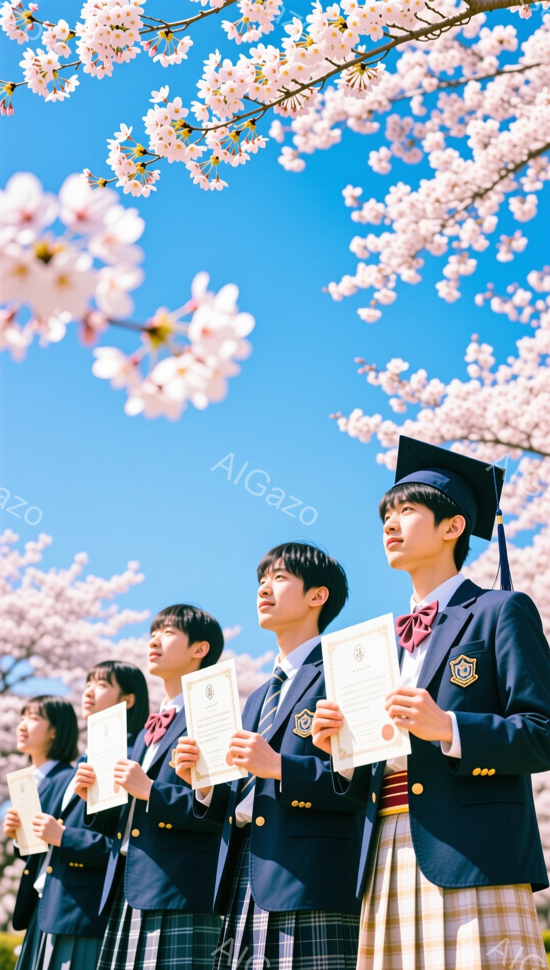 卒業式と思われる制服姿の学生たちが、桜並木の下で卒業証書を手に立っている。紺色のブレザーにチェックのスカート、リボンを締め、皆が少し上を見上げ、晴天の下、明るい表情で未来を見つめているようだ。背景には - AI生成フリー素材