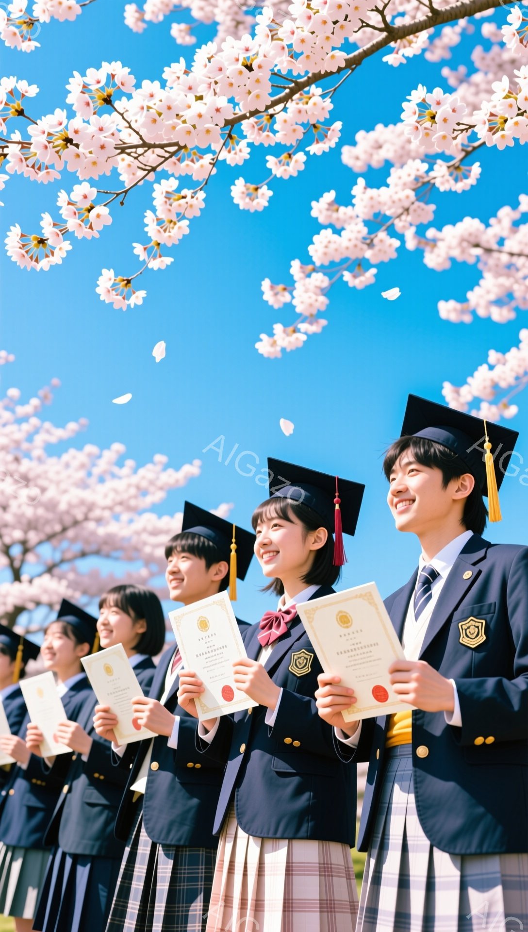 卒業式を終えたばかりの学生たちが、桜並木の下で笑顔で並んでいる。紺色のブレザーにスカート、赤いネクタイやリボンを着用し、手に卒業証書を持っている。背景には満開の桜が咲き誇り、晴天の下、明るく希望に満ちた雰囲気が漂っている。