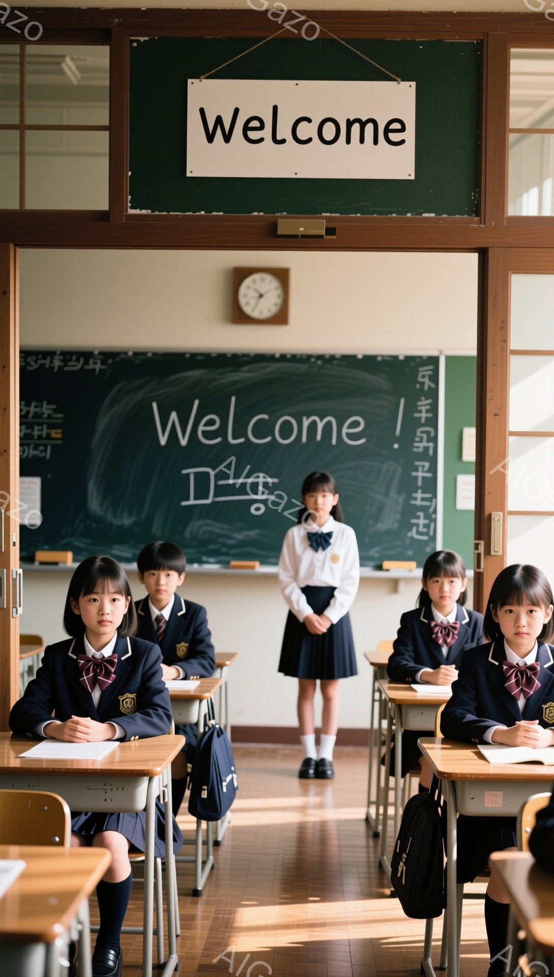 教室には、制服を着た小学生たちが整然と並んだ机に座っている。一人の女子生徒は、他の生徒たちの前で背筋を伸ばして立っており、歓迎のメッセージが書かれた黒板が背景にある。教室は明るく、学習への期待感と少しの緊張感が感じられる。