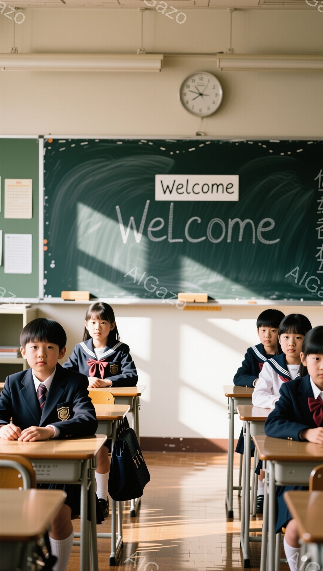 制服を着た小学生たちが教室で整然と座っており、顔には真剣な表情を浮かべている。教室の黒板には「Welcome」と書かれており、背景には机と椅子が並んでいる。日の光が差し込み、教室全体が明るく、学習への集中を促す雰囲気が漂っている。