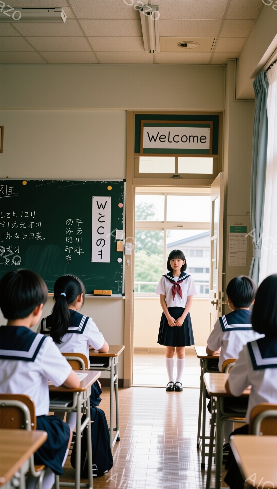 制服を着た女子生徒が教室で前を向いて立っている。他の生徒たちは机に座って彼女を見ているようだ。背景には「WELCOME」と書かれた看板があり、暖かく歓迎的な雰囲気が漂っている。