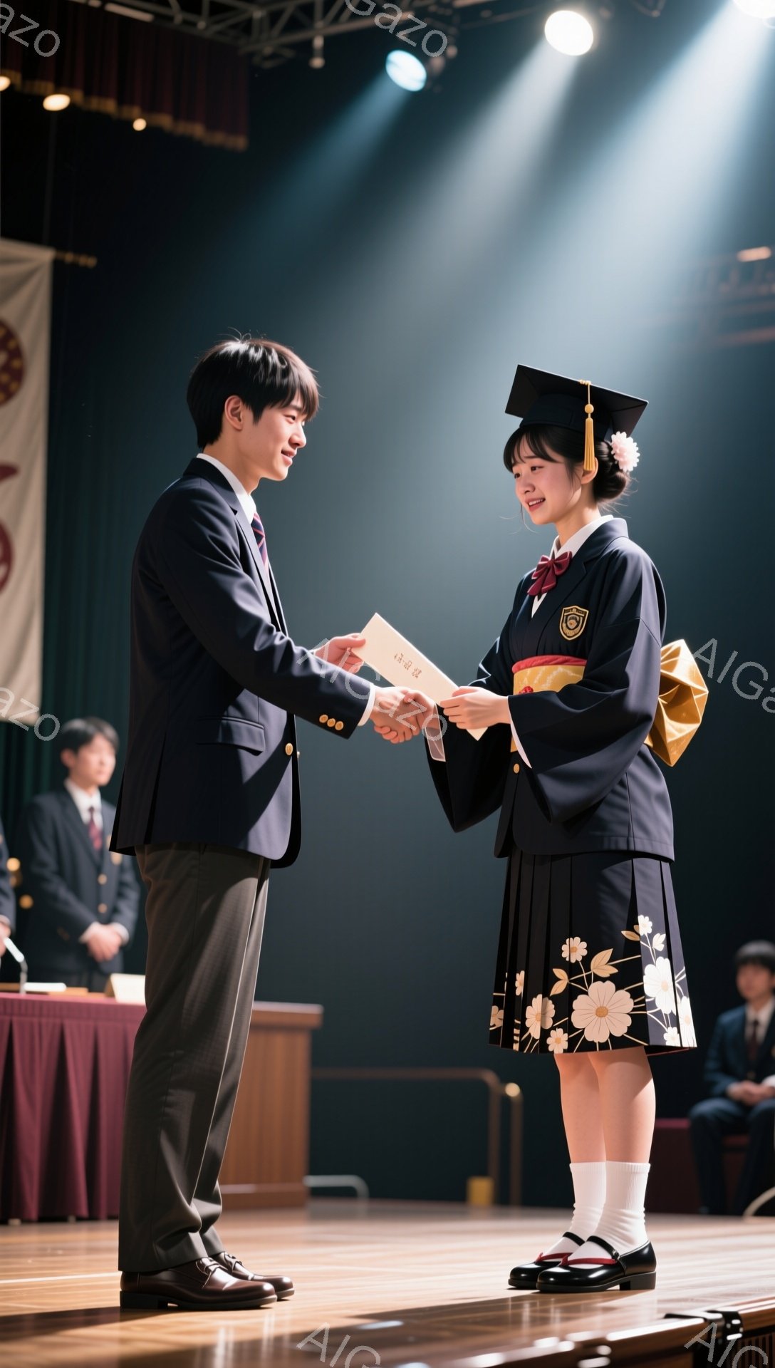 卒業式で、男子学生が女子学生に卒業証書を渡している場面です。男子は紺色のスーツ、女子は紺色の袴に卒業帽子を着用し、晴れやかな雰囲気です。背景には、他の学生や赤いカーテンが見え、式典の様子が伺えます。