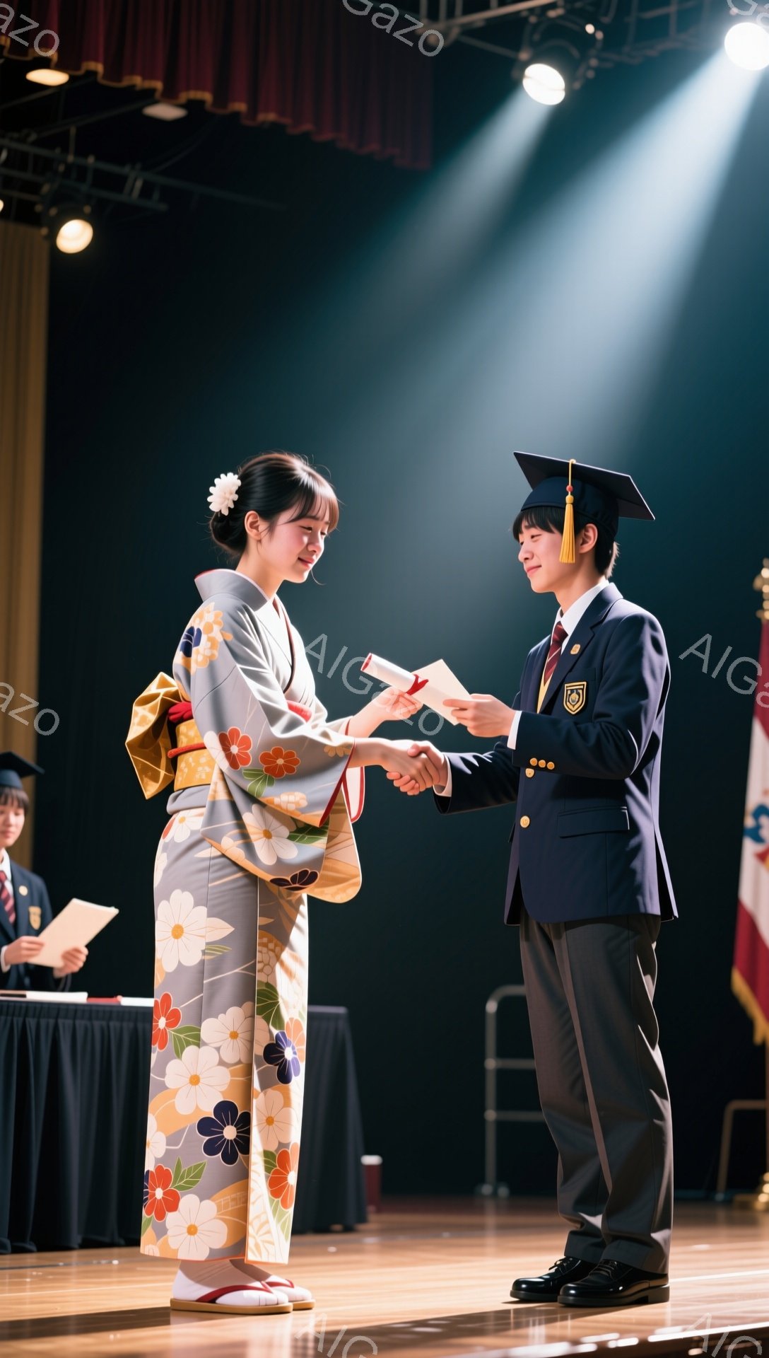 卒業式で、袴を着た女性と、学士服を着た男性が握手をしています。舞台上にはスポットライトが当たり、厳かで感動的な雰囲気が漂っています。背景には他の卒業生や式典の様子が見え、特別な一日であることが伝わってきます。