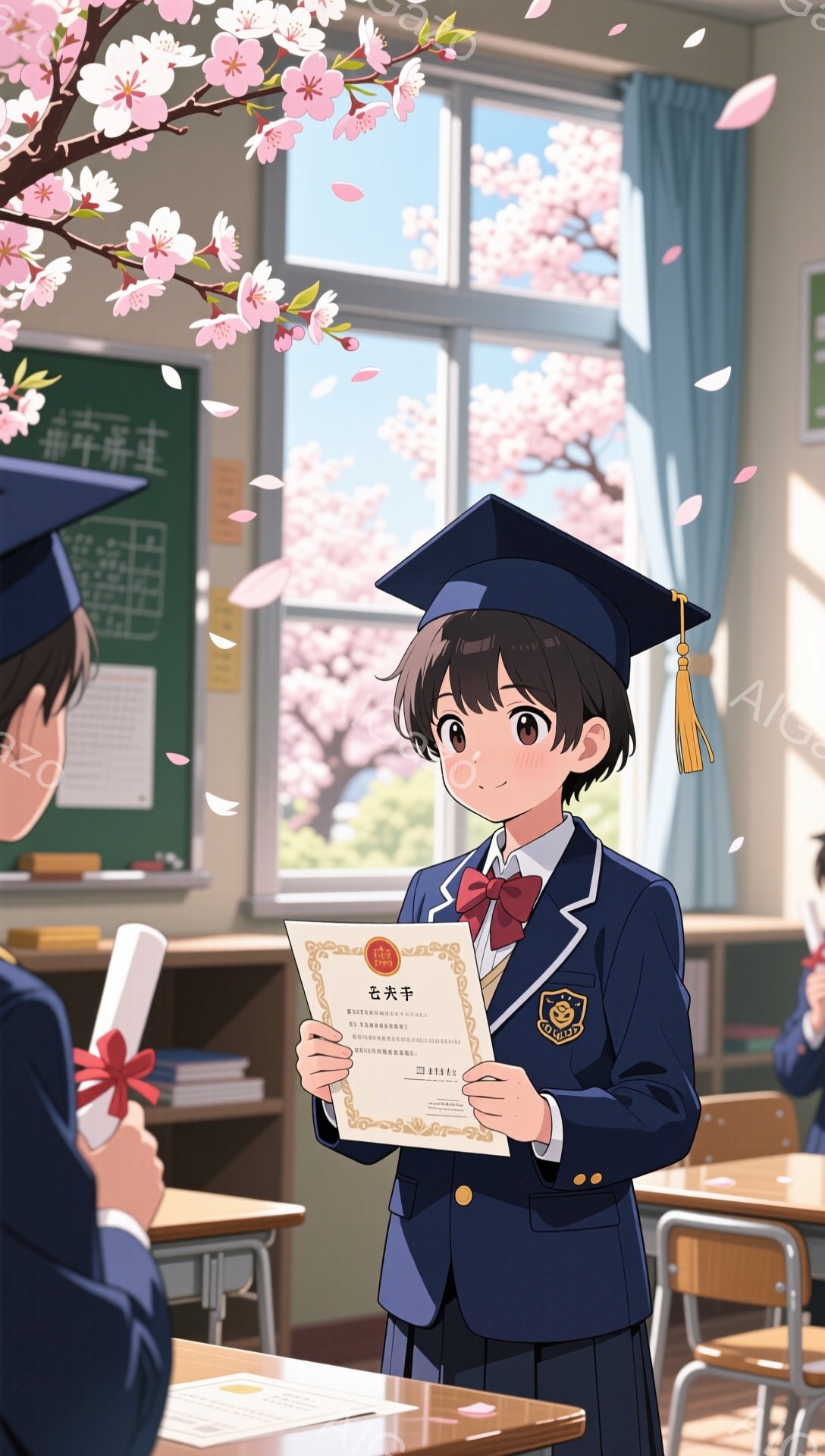 制服を着た女子学生が卒業証書を持って教室に立っています。彼女は笑顔で、桜の花びらが舞う窓の外を見つめています。教室には他の生徒もいて、卒業式のような温かい雰囲気が感じられます。