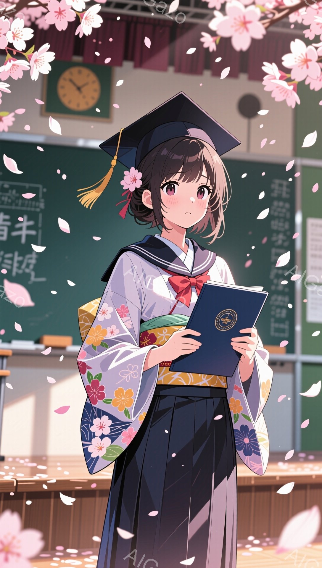 卒業式を迎えた少女が描かれています。卒業証書を手に、明るい笑顔を浮かべて立っており、背景には教室と桜の花びらが舞っています。華やかな着物と卒業式の帽子が、喜びと希望に満ちた雰囲気を醸し出しています。 - AI生成フリー素材
