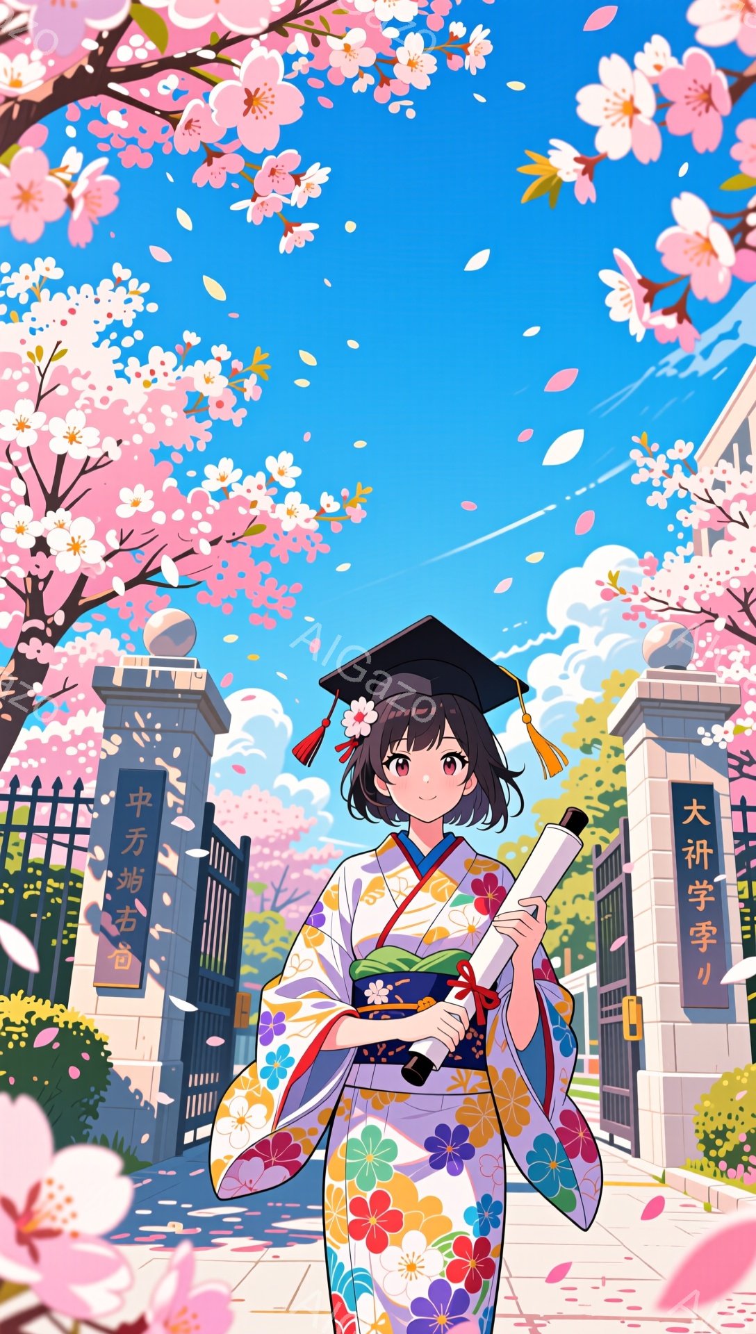 卒業式を迎えた女性が、大学のキャンパスで嬉しそうに微笑んでいます。 彼女は袴と卒業帽子を身に着け、卒業証書を手にしています。 背景には桜が咲き誇り、春の暖かな雰囲気が漂っています。