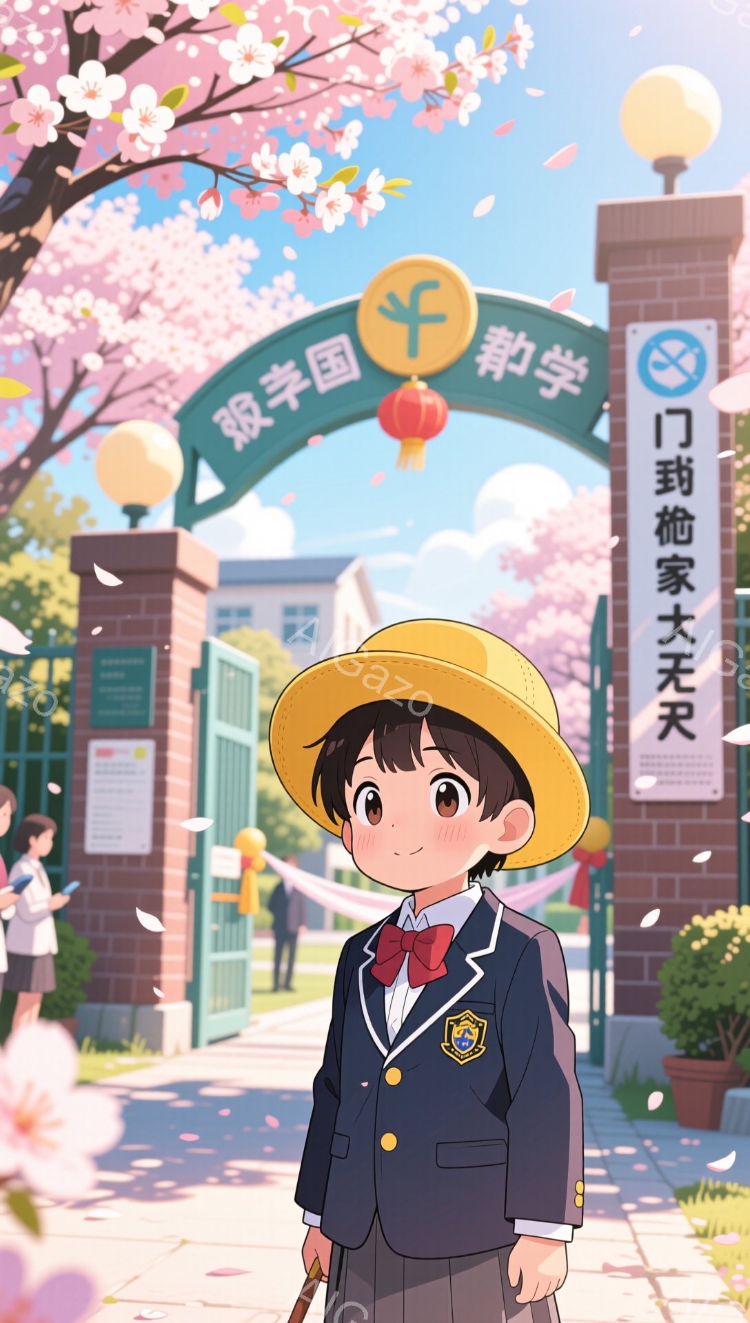 金髪の少女は、制服を着て、黄色い帽子をかぶっています。彼女は手に鞄を持ち、笑顔で前を見つめています。背景には桜並木と学校の建物があり、春の暖かく希望に満ちた雰囲気が漂っています。