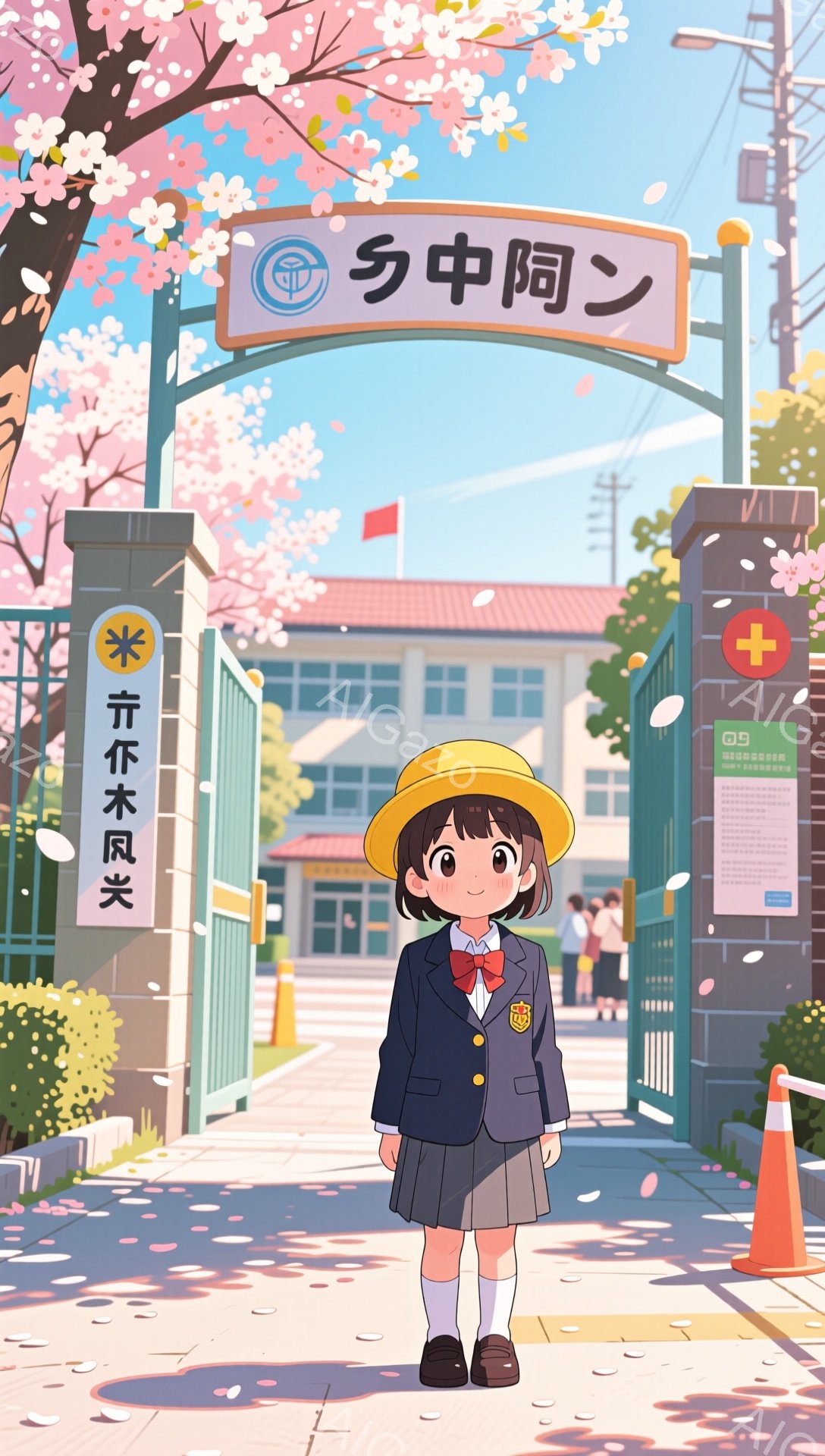 制服を着た少女が、桜並木の学校の門前に立っている。彼女は金色の髪をポニーテールにし、明るい笑顔を見せている。背景には学校の建物と、散りゆく桜の花びらが描かれ、春の穏やかな雰囲気が感じられる。