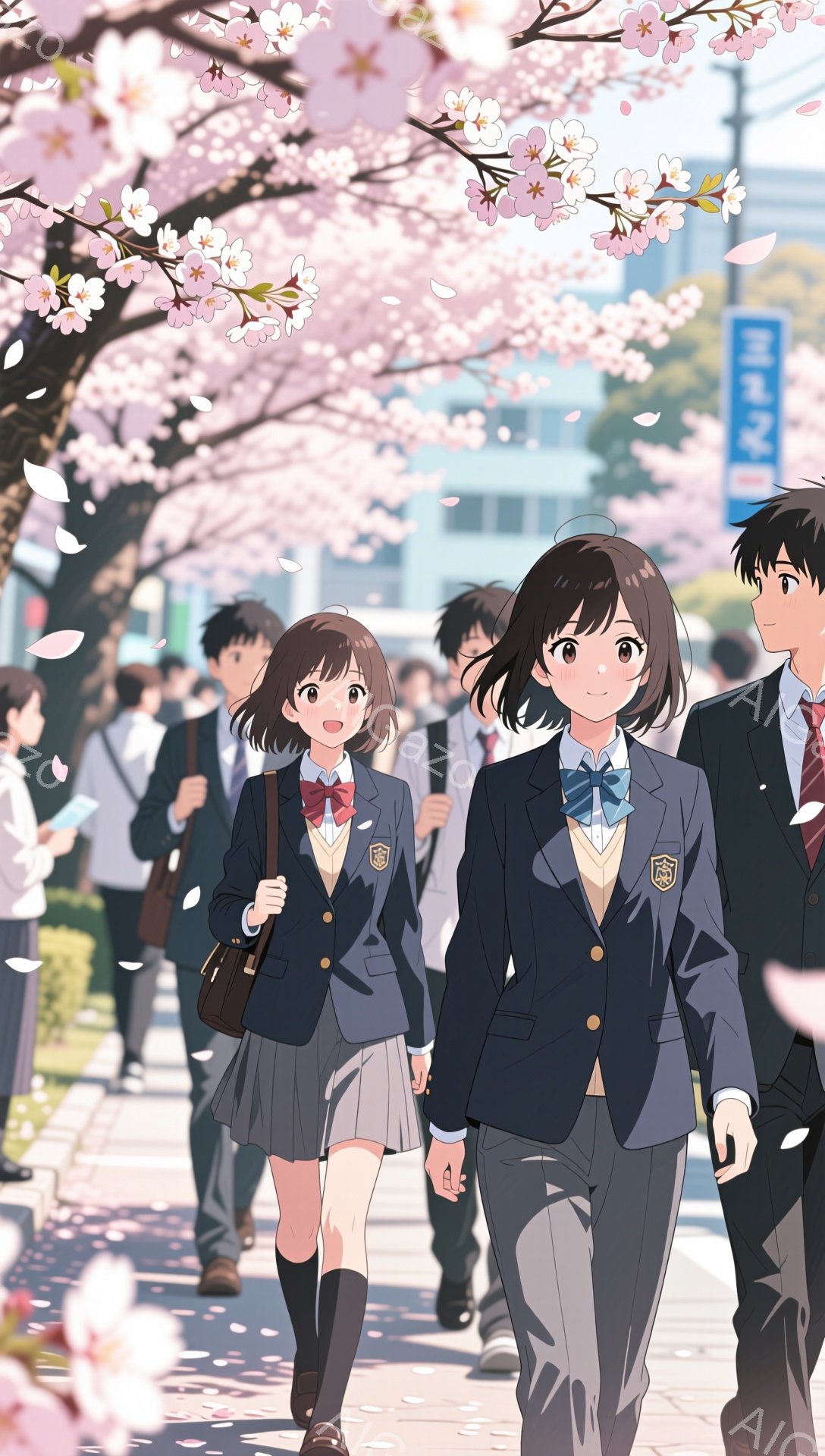 制服姿の女子生徒が、桜並木の道を歩いている。彼女は明るい笑顔を浮かべ、紺色のリボンと黒髪のボブヘアが印象的だ。背景には他の生徒や桜の花びらが舞い散る様子が描かれ、春の暖かく華やかな雰囲気が漂っている。 - AI生成フリー素材