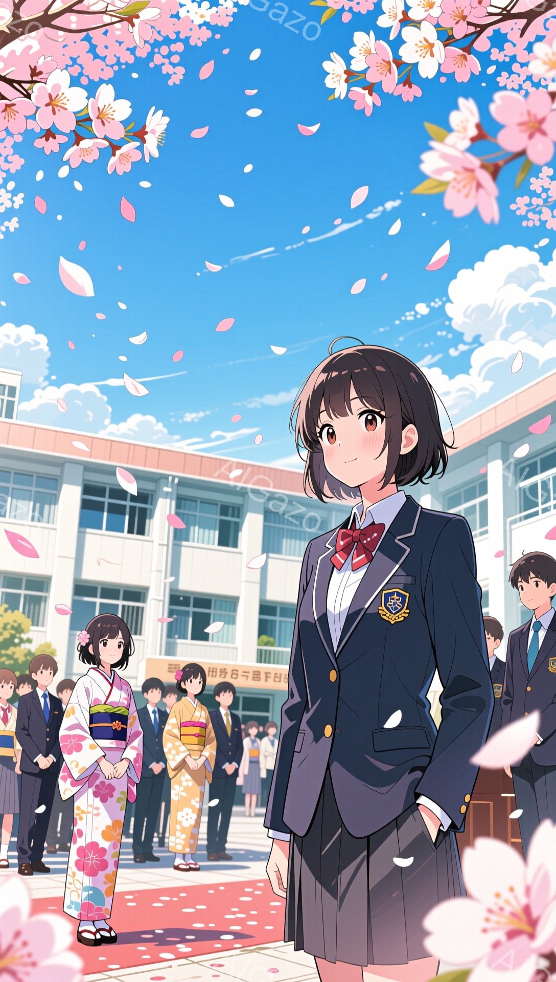制服を着た少女が正面を見据え、桜の花びらが舞う学校の前に立っている。彼女は短い黒髪で、表情は少し緊張しているようにも見える。背景には、他の生徒たちが着物姿で並び、入学式や卒業式などの特別なイベントが行われている雰囲気が漂っている。