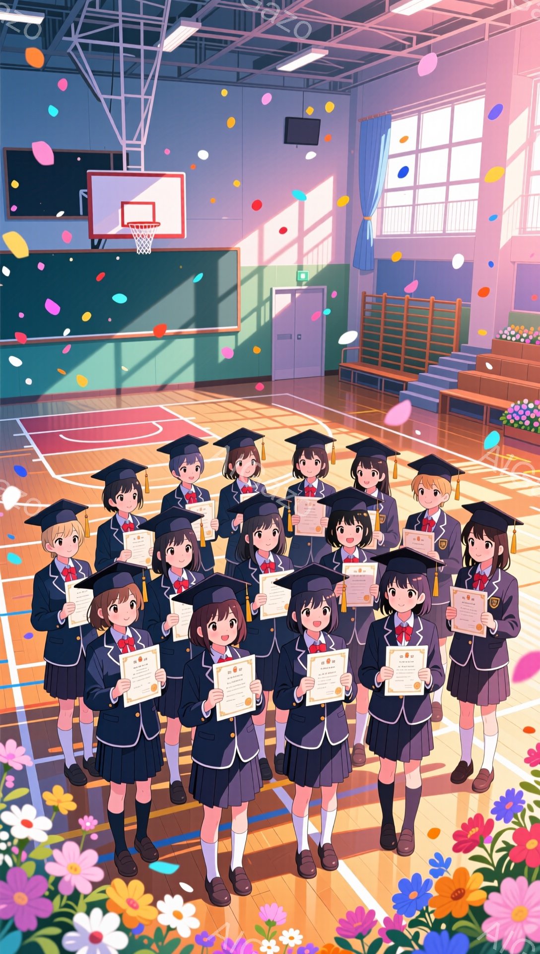 体育館で卒業式が行われている様子を描いたイラスト。制服に卒業帽子をかぶり、卒業証書を持つ女子高生たちが一列に並び、笑顔を見せている。背景には窓から差し込む光や花が咲き乱れ、祝福の雰囲気を盛り上げている。