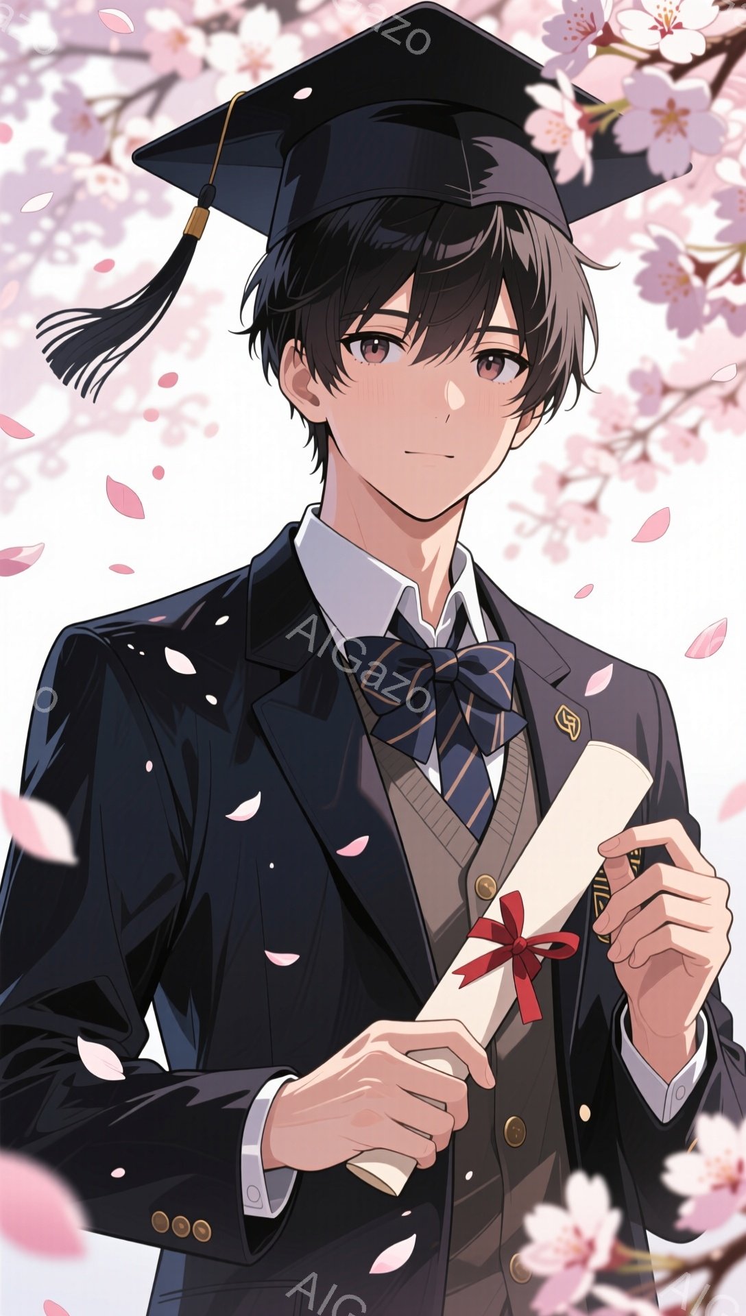 卒業帽子をかぶった少年が、卒業証書を手に微笑んでいます。背景には桜の花びらが舞い散り、春の暖かく華やかな雰囲気を演出しています。彼の服装は、黒いジャケットとネクタイ、ベストで構成された卒業式らしい装いです。