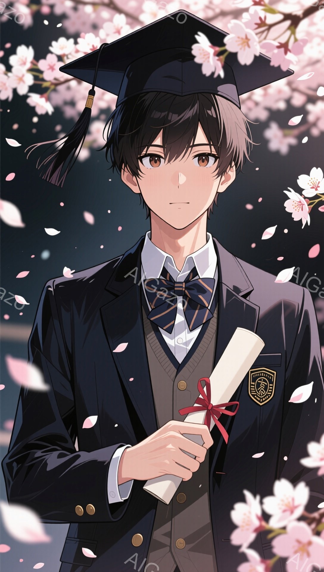 黒髪の男子学生が、卒業式と思われる場で、手に卒業証書を持って立っている。紺色のブレザーにネクタイ、茶色の髪は少し跳ねている。桜の花びらが舞い散る背景は、春の暖かさと別れの寂しさを感じさせる。 - AI生成フリー素材