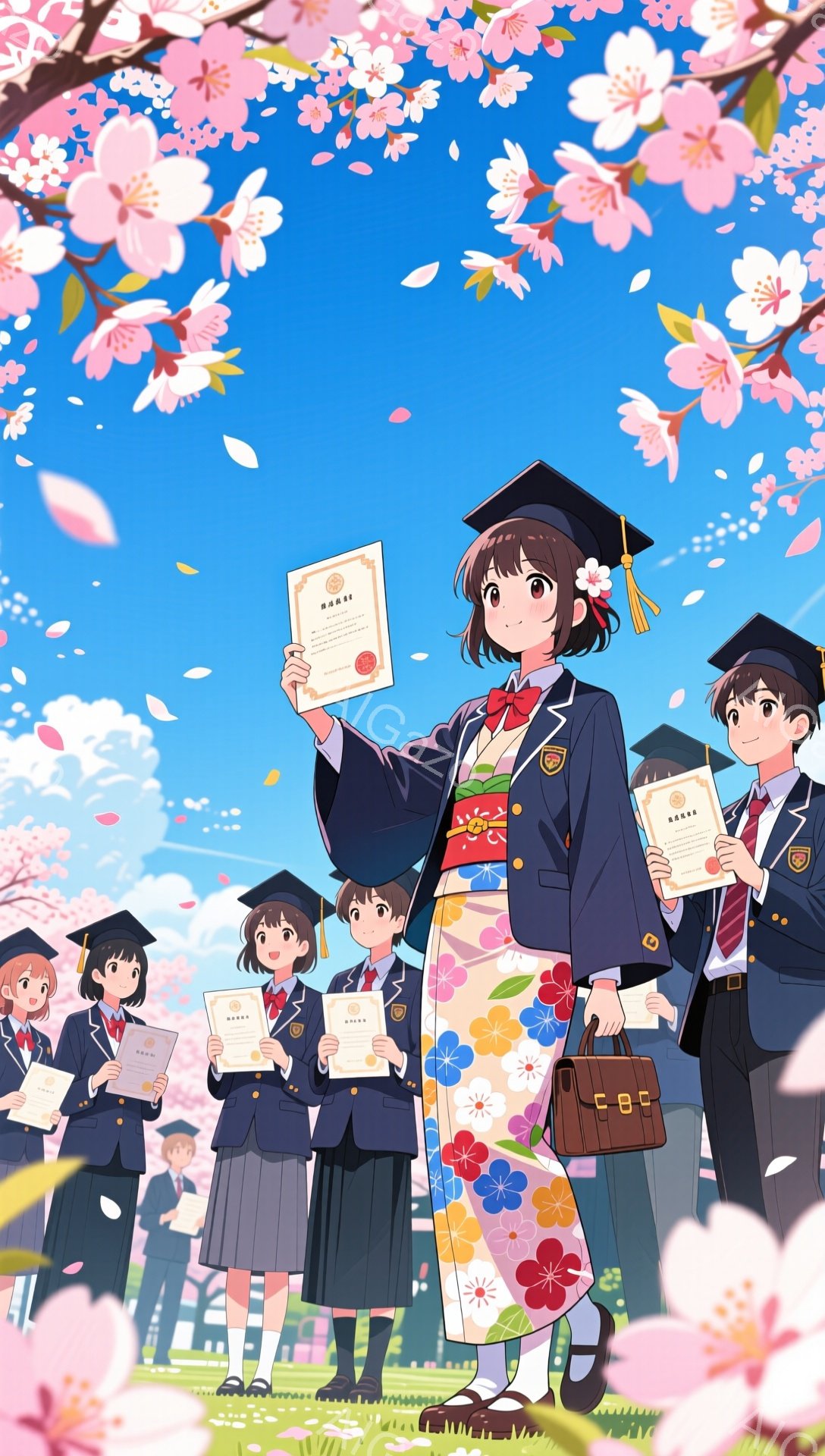 卒業式を迎えた学生たちが桜並木の下に立っている。紺色の制服に卒業式用の学士帽と袴姿の女性を中心に、皆が卒業証書を手に嬉しそうに微笑んでいる。背景には桜の花びらが舞い散り、春の暖かな雰囲気が伝わってくる。