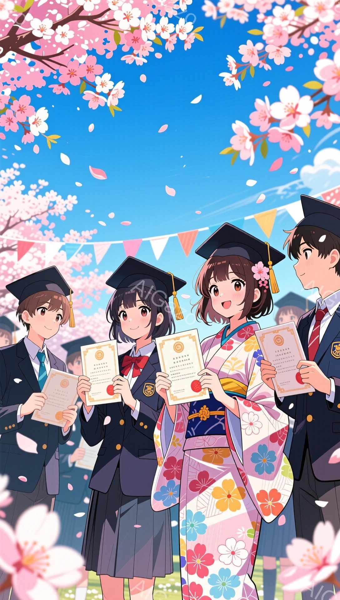 卒業式と思われる若い女性たちが、桜並木の下で卒業証書を手に笑顔で立っている。紺色の制服と鮮やかな着物姿が目を引き、背景には青空と桜が広がり、春の暖かさと希望に満ちた雰囲気を醸し出している。彼女たちは皆、黒い帽子を被り、晴れやかな表情で未来を見つめている。