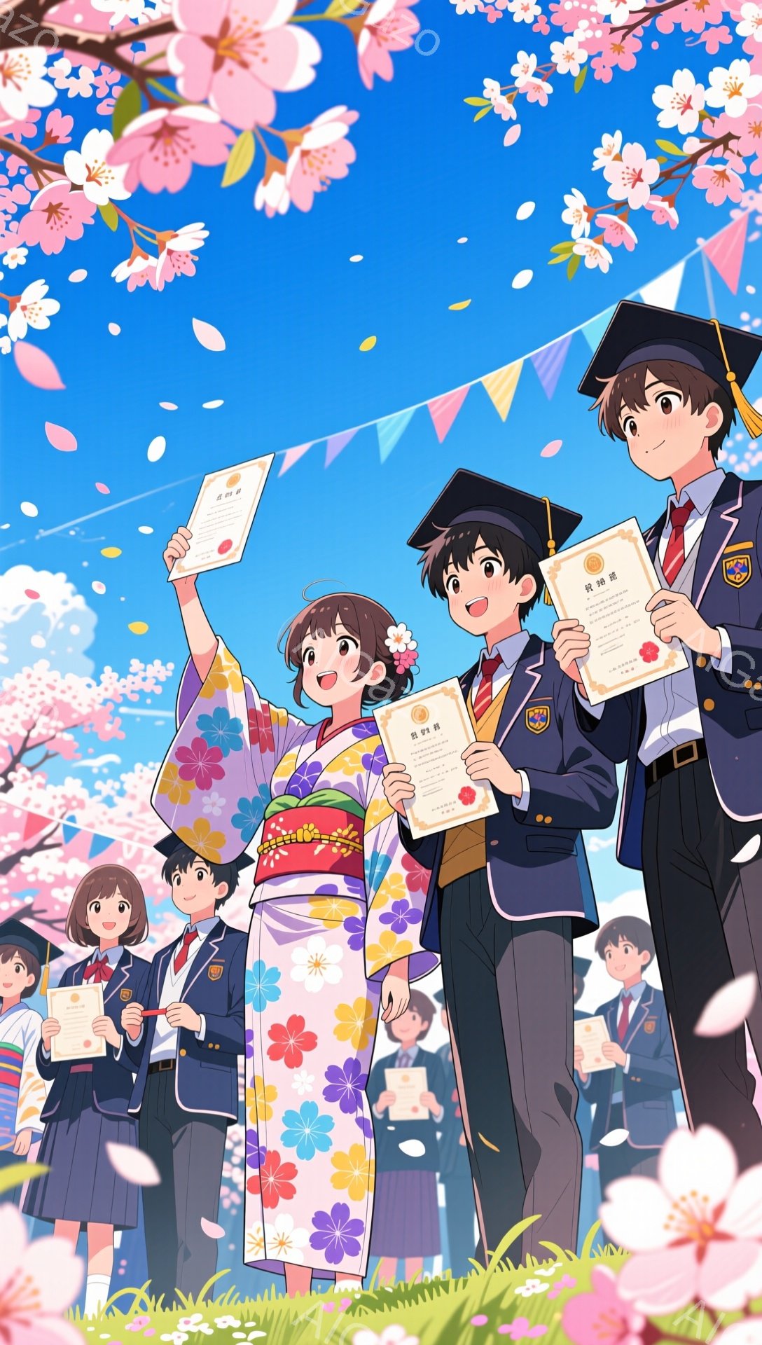 卒業式と思われる高校生たちが、桜の木の下で晴れ着と制服を着て卒業証書を掲げて喜んでいます。背景にはカラフルな旗が飾られ、桜の花びらが舞い散る様子が春の暖かな雰囲気を演出しています。笑顔と希望に満ちた表情が印象的な、お祝いのシーンです。