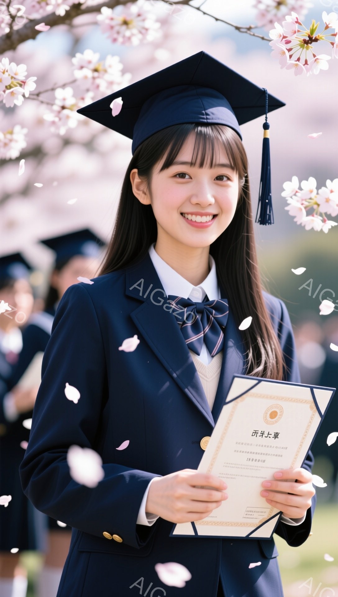 卒業式で、袴を着用した若い女性が写っています。彼女は学位記を手に、桜の花びらが舞う中、満面の笑みを浮かべています。背景には桜の木があり、春らしい華やかな雰囲気が漂っています。
