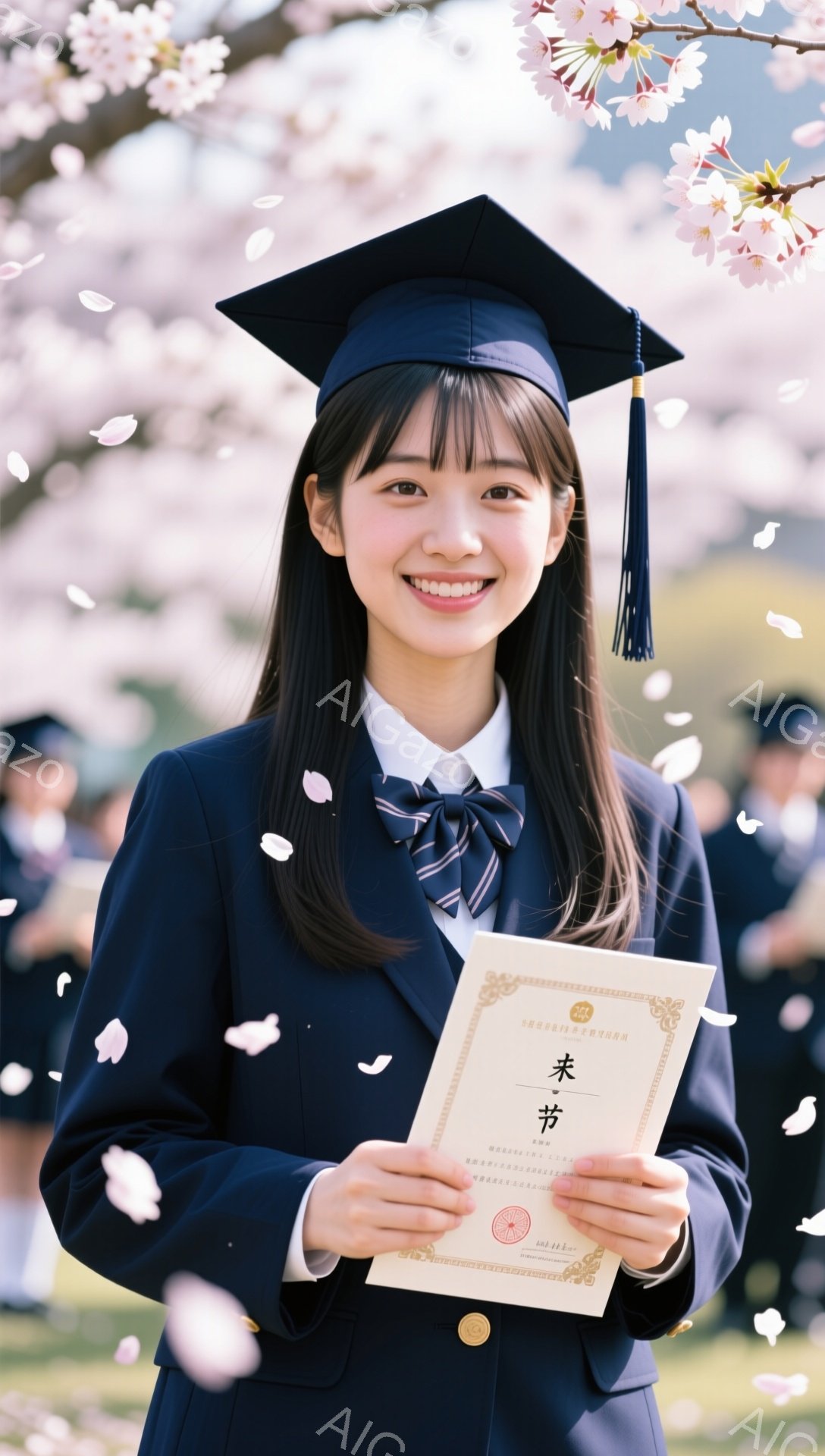 卒業式で晴れ着を着た女性が、卒業証書を持って笑顔で立っている。背景には桜の花びらが舞い散り、春の暖かな雰囲気が伝わってくる。紺色の制服と白いブラウスが彼女の明るい表情を際立たせている。 - AI生成フリー素材