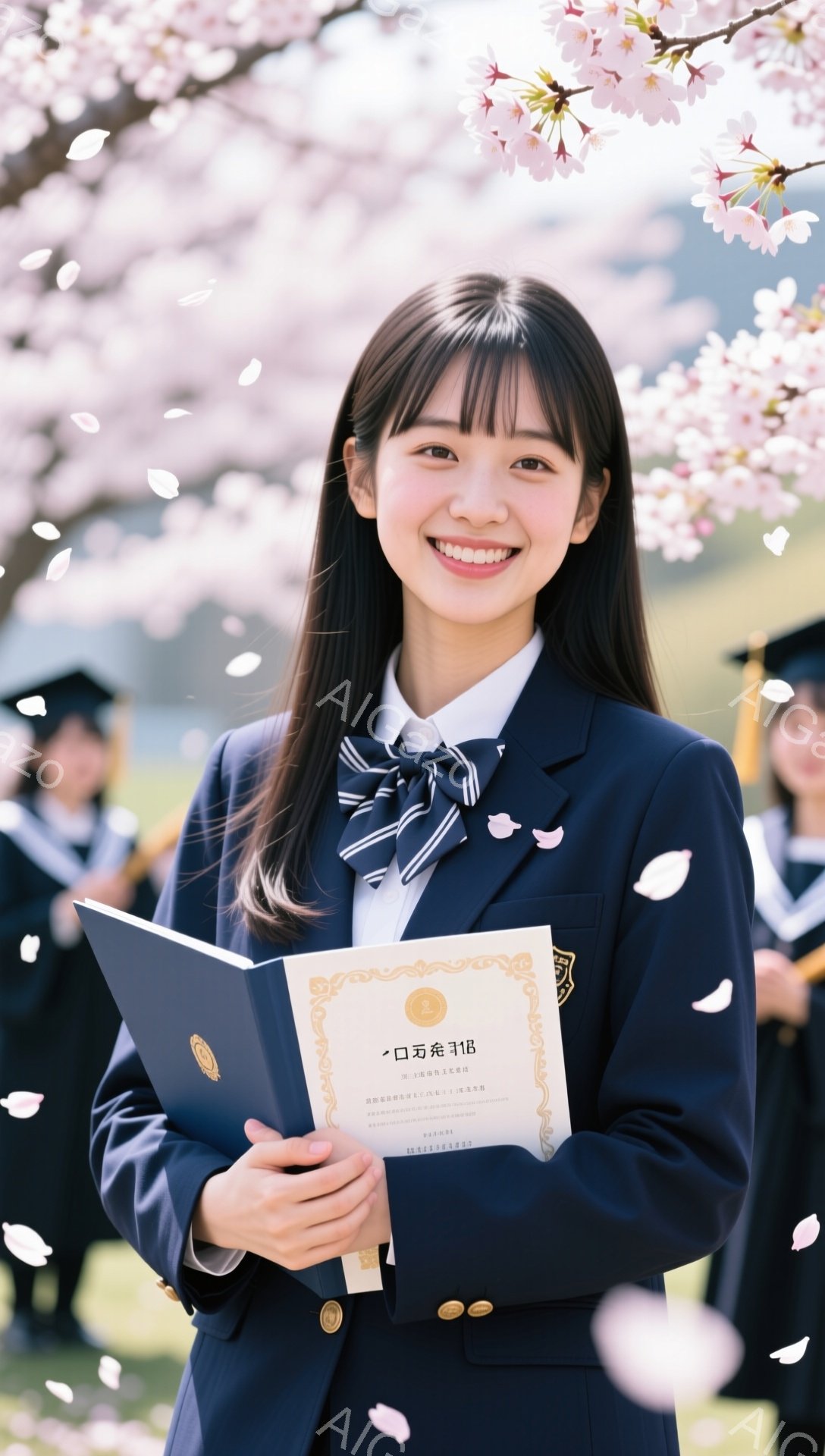 制服を着た女子学生が卒業証書を手に笑顔で立っている。背景には桜が舞い散り、他の卒業生も写っている。春の陽気な卒業式で、希望に満ちた雰囲気が伝わってくる。