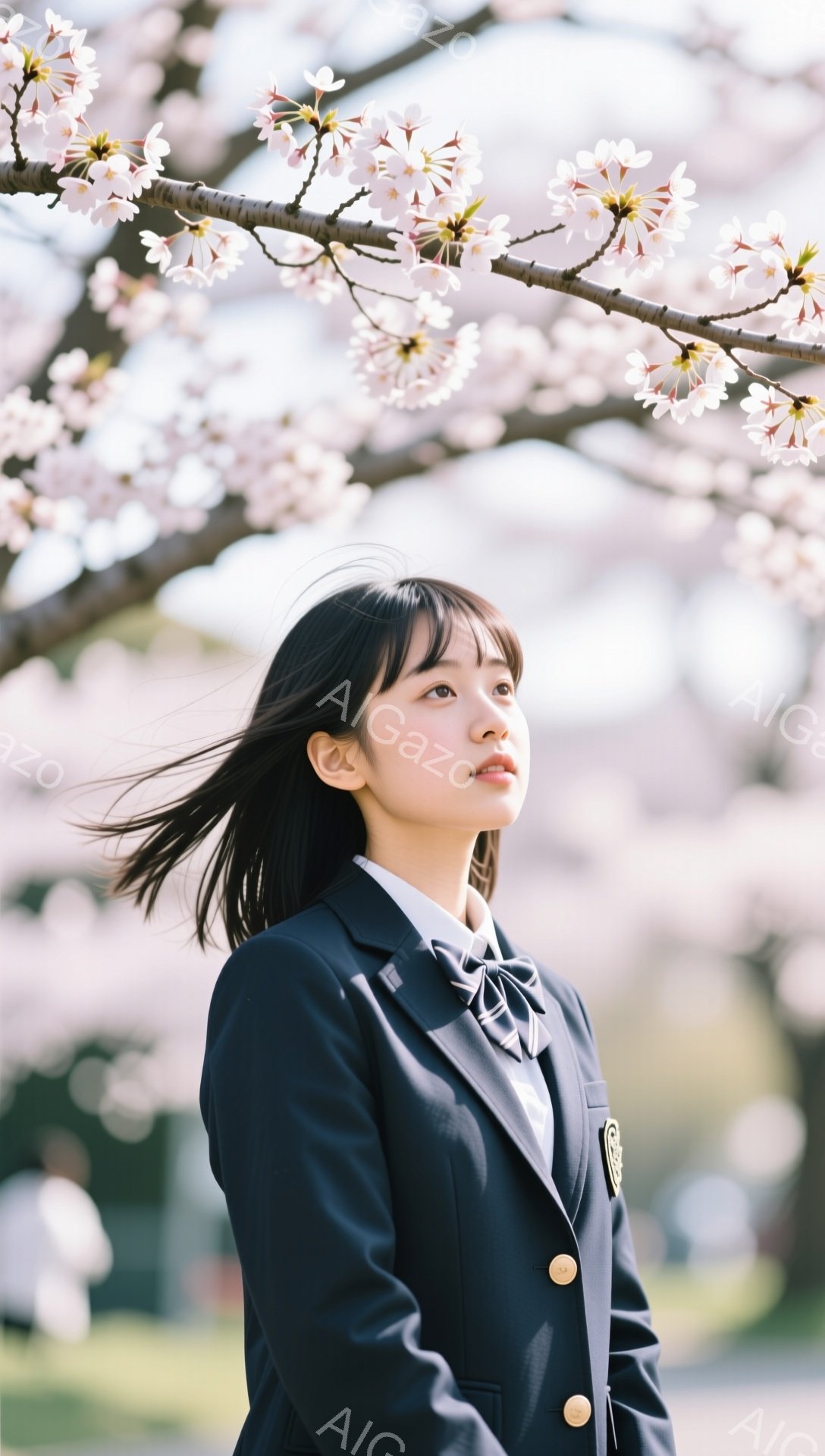 制服を着た若い女性が、桜並木の下で横顔を見せている。彼女は長い黒髪で、少し物憂げな表情をしている。背景には桜の花びらが舞い、春の穏やかな雰囲気が漂っている。