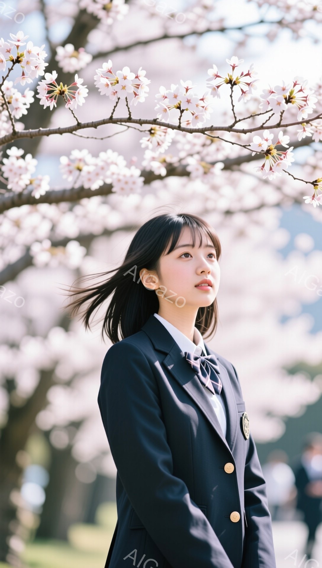 制服を着た若い女性が、桜並木の美しい背景を背景に立っています。彼女は少し上目遣いで、春の柔らかな光の中で、どこか物憂げな表情を浮かべています。桜の花びらが舞い散る中で、新生活への期待と不安が入り混じったような雰囲気が漂っています。