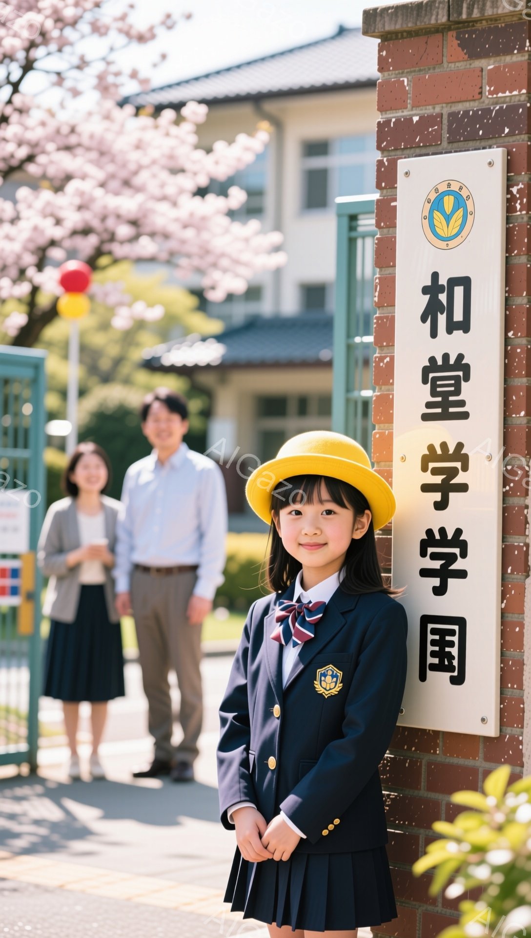 幼い女の子が、紺色の制服と黄色い帽子を着用し、笑顔でカメラを見ています。背景には、入学式と思われる学校の門と、少し離れた場所に立つ両親がぼんやりと見えます。桜が咲き誇り、暖かく穏やかな春の雰囲気です。