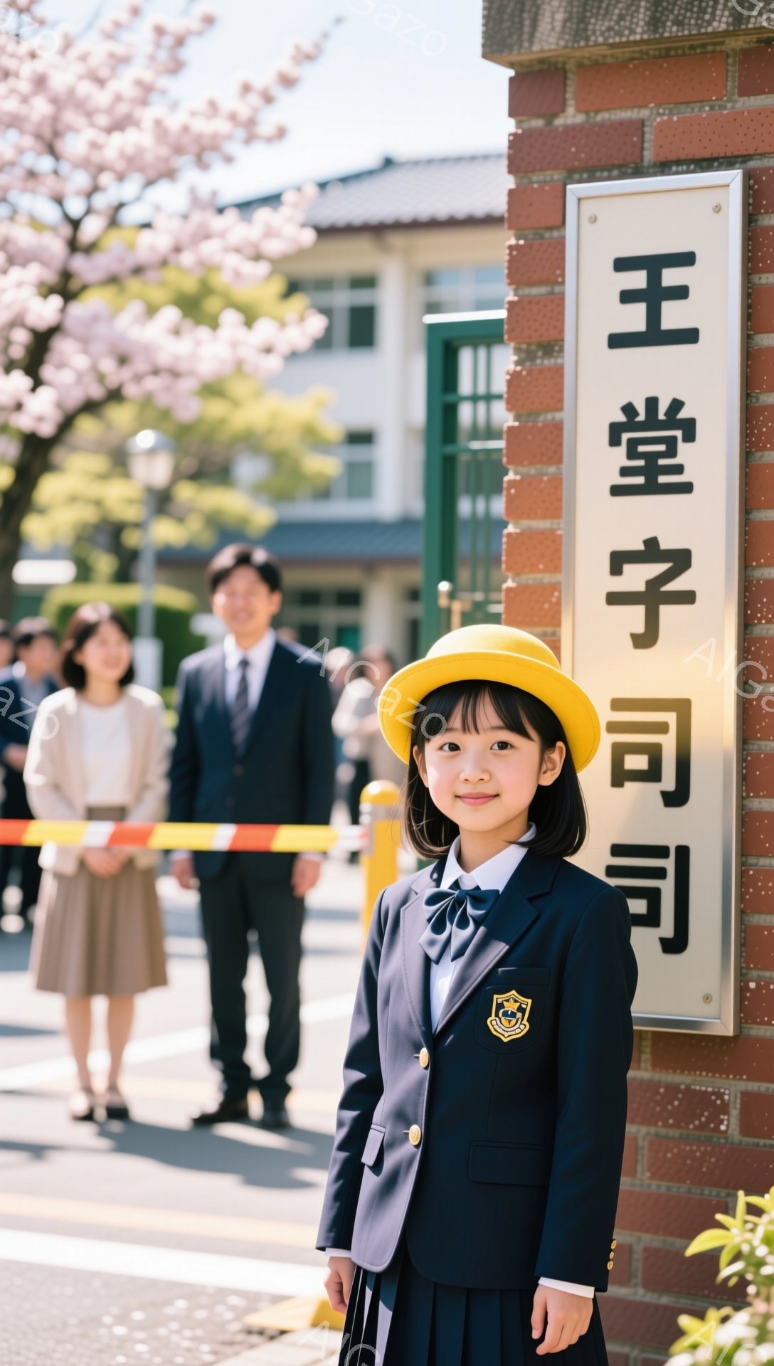 制服を着た幼い女の子が正面を向いて立っている。背景には入学式のような賑やかな雰囲気があり、桜の花びらが舞っている。彼女は黄色い帽子をかぶり、明るい笑顔を見せている。