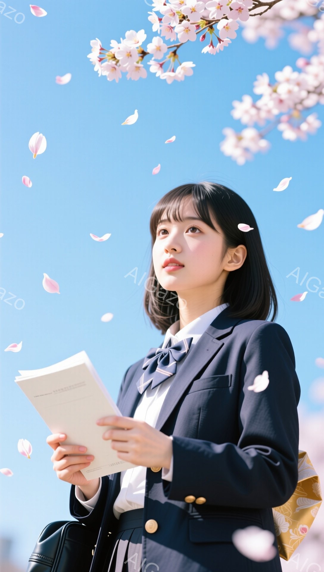 制服を着た若い女性が、桜の花びらが舞う屋外で本を読んでいます。彼女は少し顔を上げ、前方に視線を向けており、落ち着いた表情をしています。背景には青空が広がり、春の穏やかな雰囲気が感じられます。
