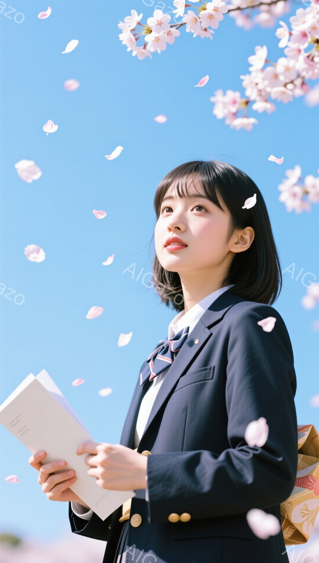制服を着た若い女性が、桜の花びらが舞う中、本を手に持っています。彼女は少し上を見上げて微笑んでおり、春の暖かく明るい雰囲気が漂っています。背景は青空で、入学式や卒業式のような特別な日を連想させます。