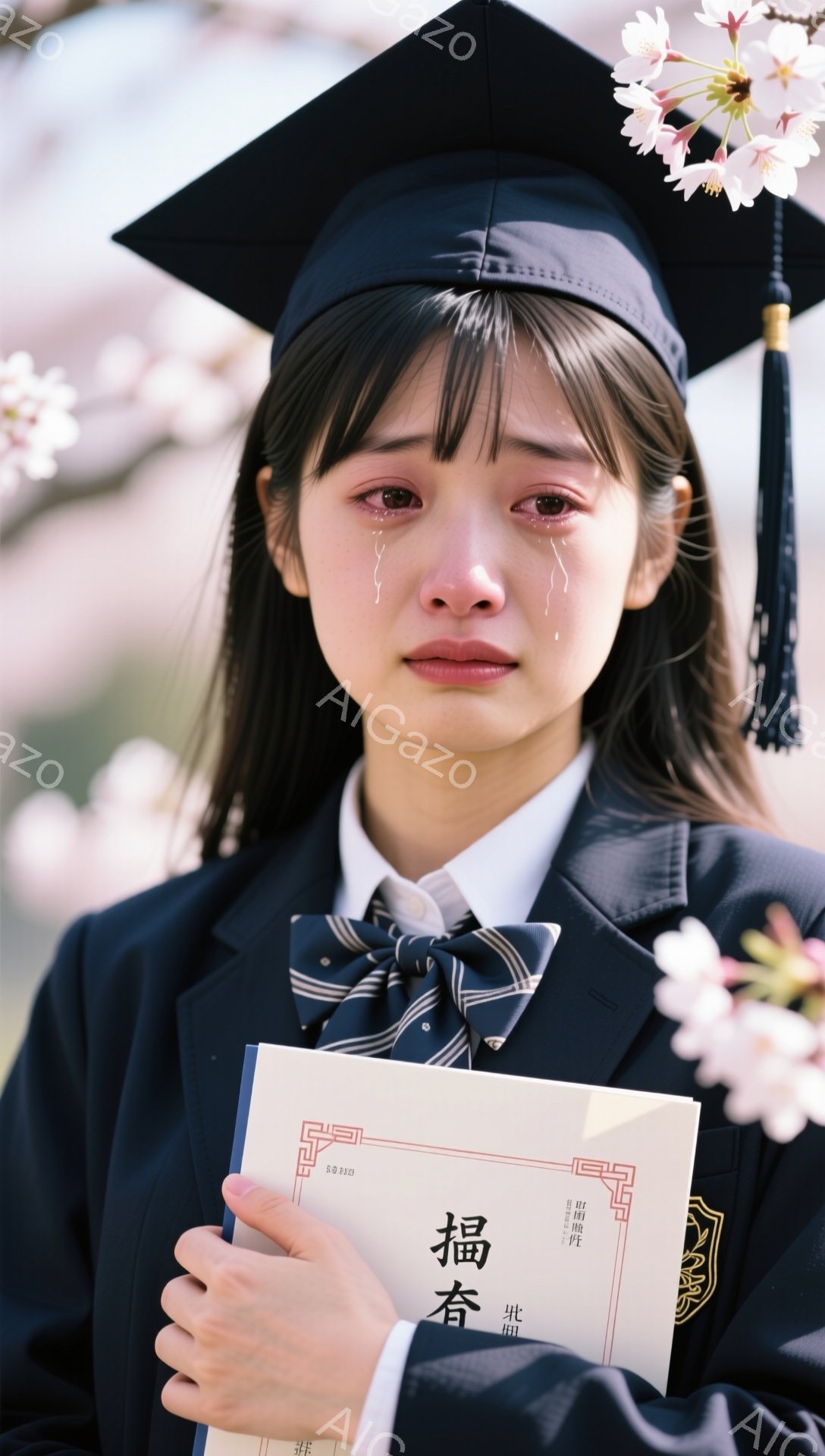 制服を着た若い女性が涙を流して立っている。背景には桜の花が咲き乱れ、卒業式のような雰囲気を醸し出している。彼女の表情は悲しみと安堵が入り混じっており、何かを終えたばかりのような印象を与える。