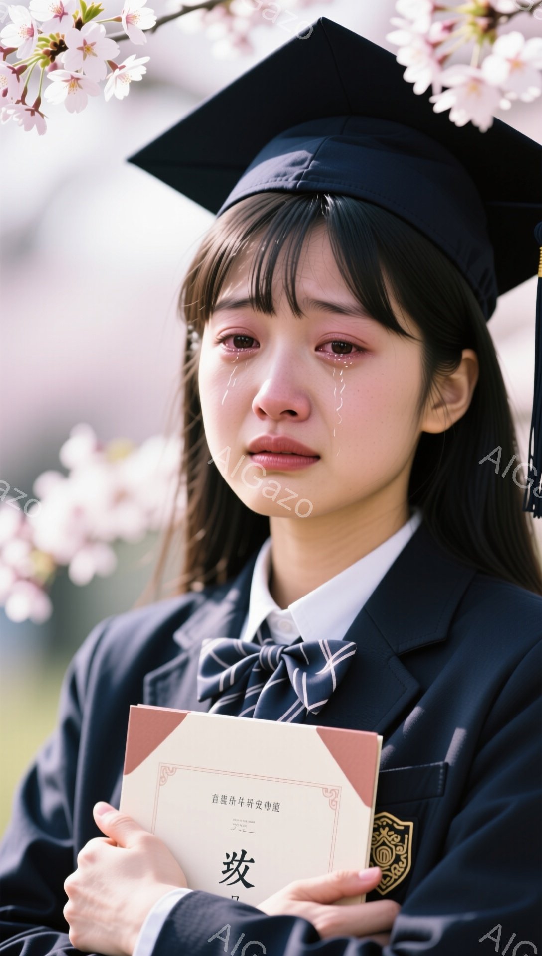 卒業式で涙を流している女子学生が描かれています。黒い学士服に身を包み、卒業証書を手に持ち、桜の花びらが舞う背景の中で感動に浸っています。彼女の表情は少し悲しげですが、未来への希望も感じられます。