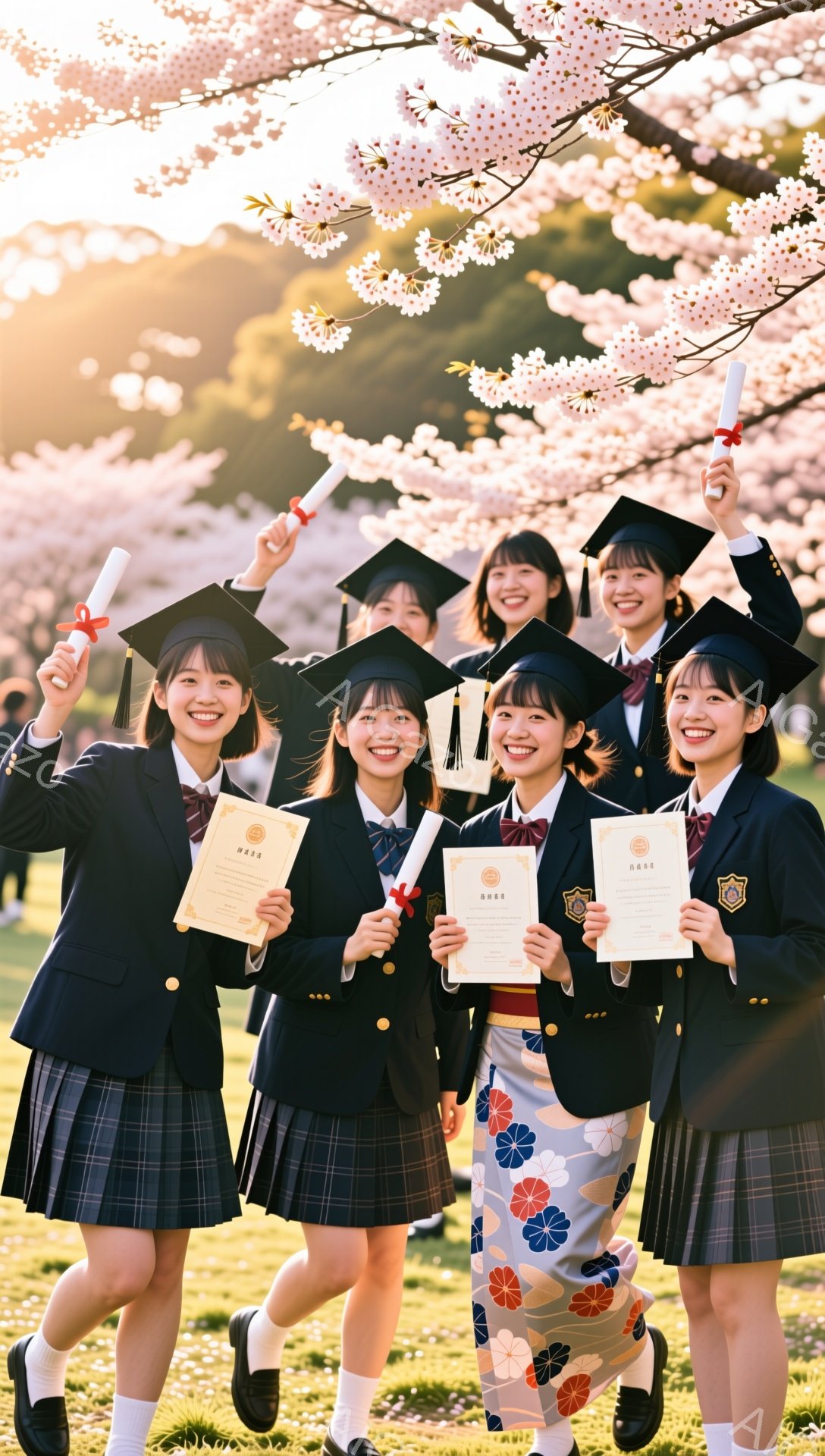 卒業式で晴れ着姿の女性たちが、満開の桜の下で笑顔で卒業証書を掲げています。紺色のジャケットにチェック柄のスカート、そして袴姿で、それぞれ個性的な柄の袴を身に着けています。背景には桜並木が広がり、春の暖 - AI生成フリー素材