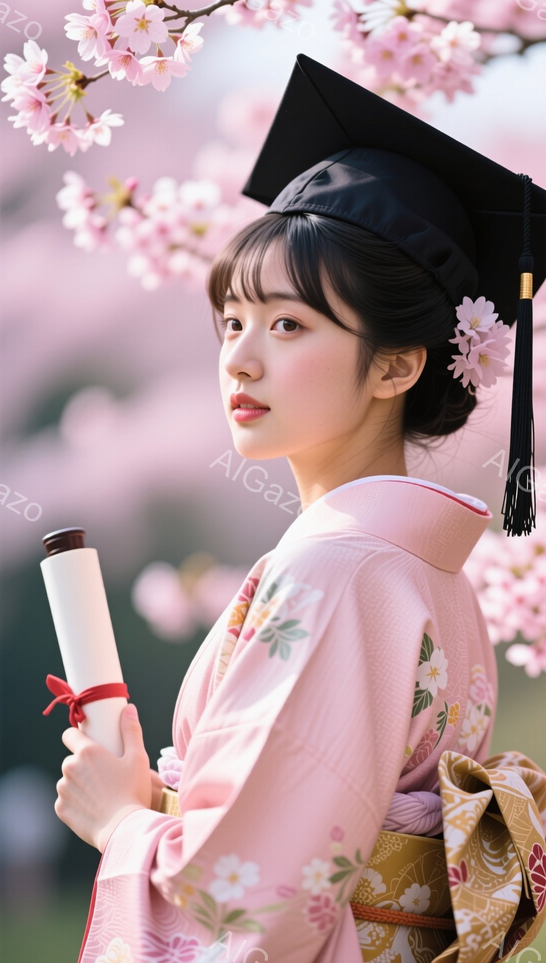 卒業式を迎えた女性が、ピンク色の訪問着と黒い卒業帽子を身につけています。背景には桜が咲き誇り、春の暖かな雰囲気が漂っています。彼女は卒業証書を手に、どこか誇らしげな表情をしています。 - AI生成フリー素材